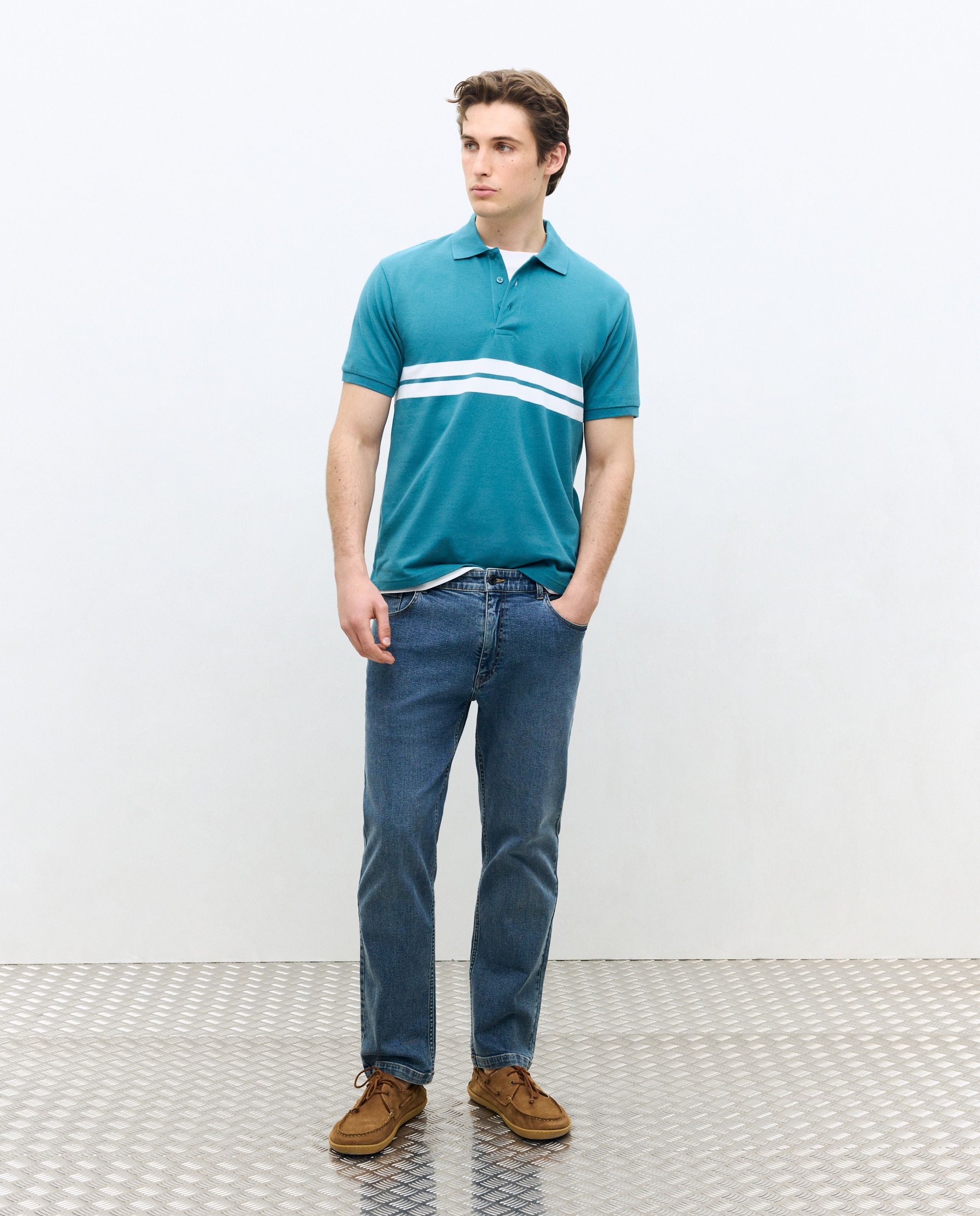 Polo manga corta raya posicional de hombre - Dustin - Blanco Verde Agua-2