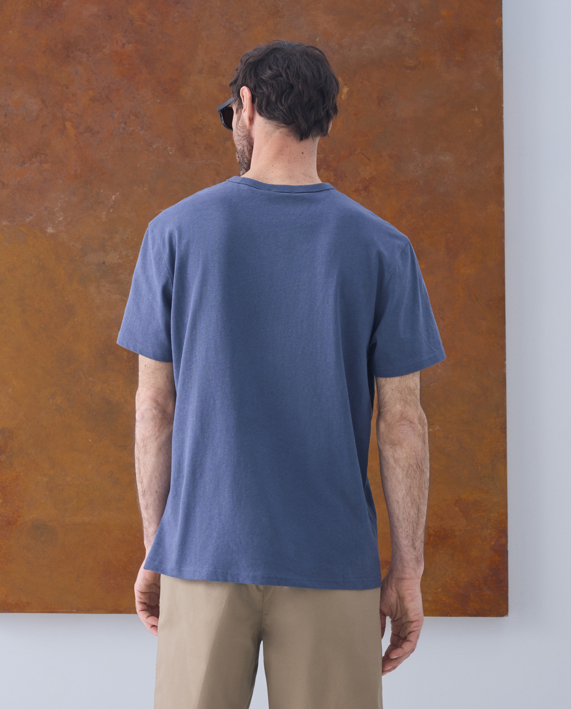 T-shirt Liso de Algodão e Linho com Gola Redonda Azul-marinho-3