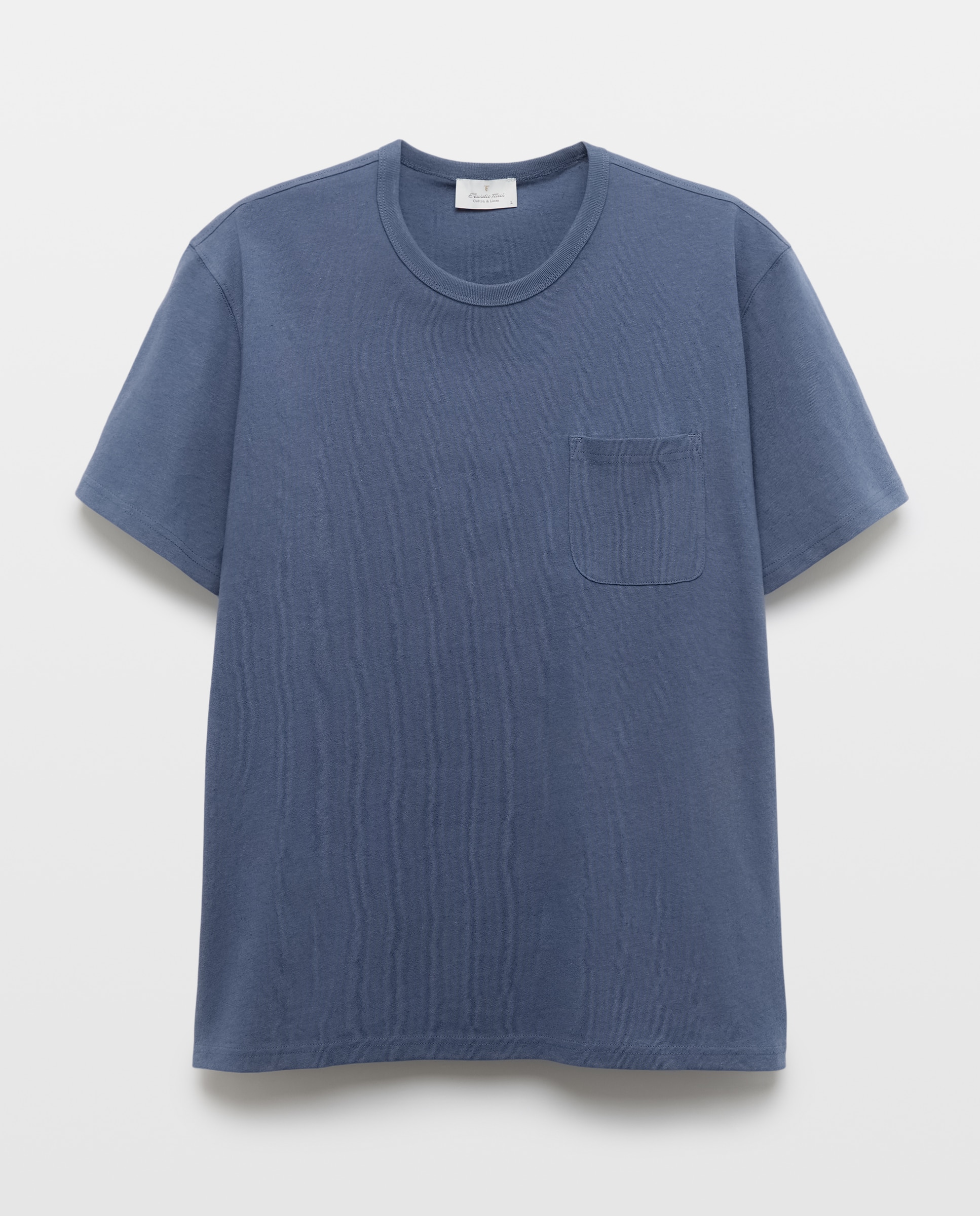 T-shirt Liso de Algodão e Linho com Gola Redonda Azul-marinho-4