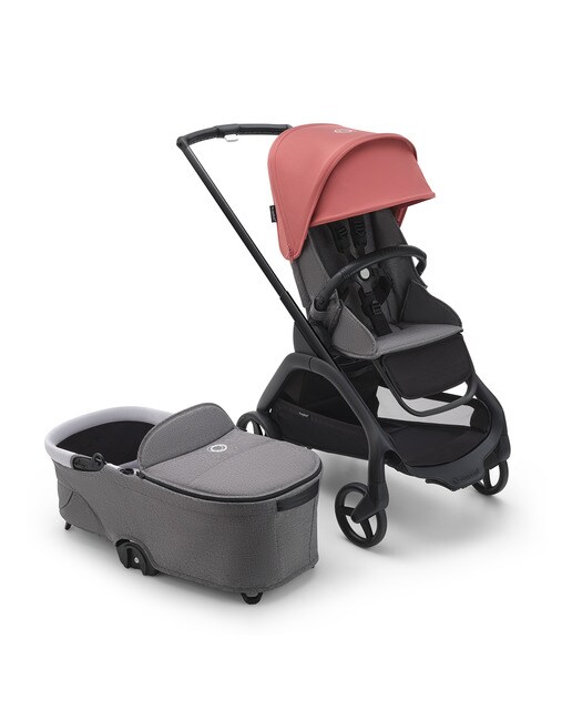 Carrinho de Bebé Duo Dragonfly - Base Preto/Cinzento Melange com Capota Vermelho Amanhecer e Alcofa Cinzento Melange 1
