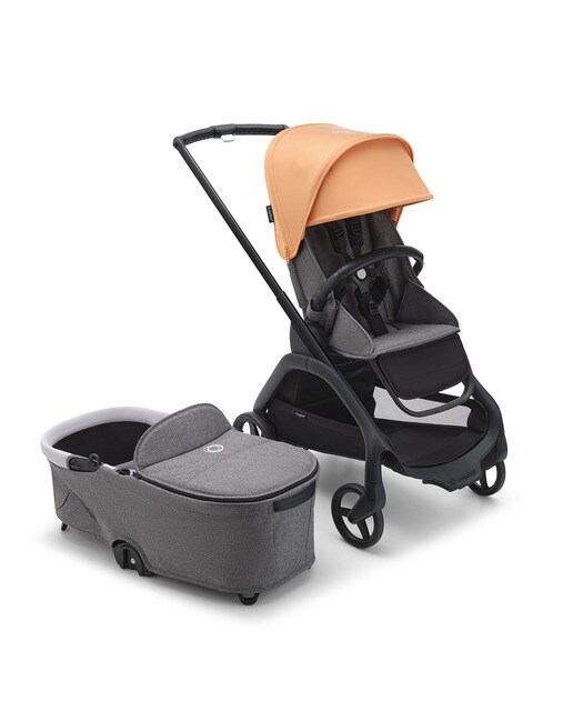 Carrinho de Bebé Duo Dragonfly - Base Preto/Cinzento Melange com Capota Coral Ilha e Alcofa Cinzento Melange 1