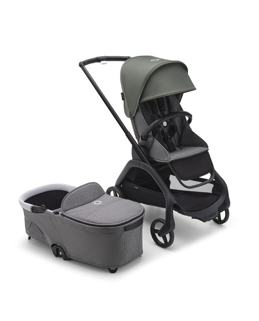 Carrinho de Bebé Duo Dragonfly - Base Preto/Cinzento Melange com Capota Verde Bosque e Alcofa Cinzento Melange 1