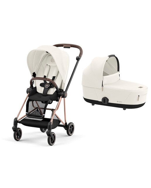 Carro de bebé dúo Cybex MIOS con Chasis Rosegold, Seat Pack y Capazo Lux en Off White. 1