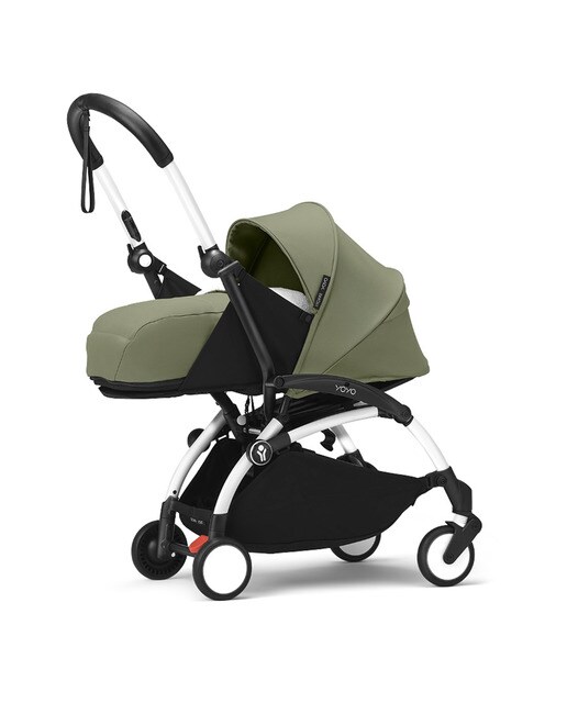 Imagem 0 de Carrinho de bebé Stokke® YOYO³ com chassis branco e pack recém-nascido 0+ verde oliva