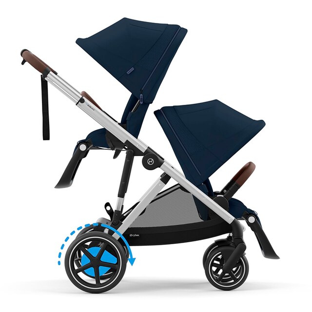 Carro de bebé gemelar e-Gazelle S con segunda unidad de asiento en Ocean Blue.