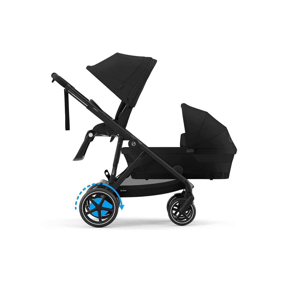 Carro de bebé gemelar e-Gazelle S con capazo en Moon Black. Negro-2