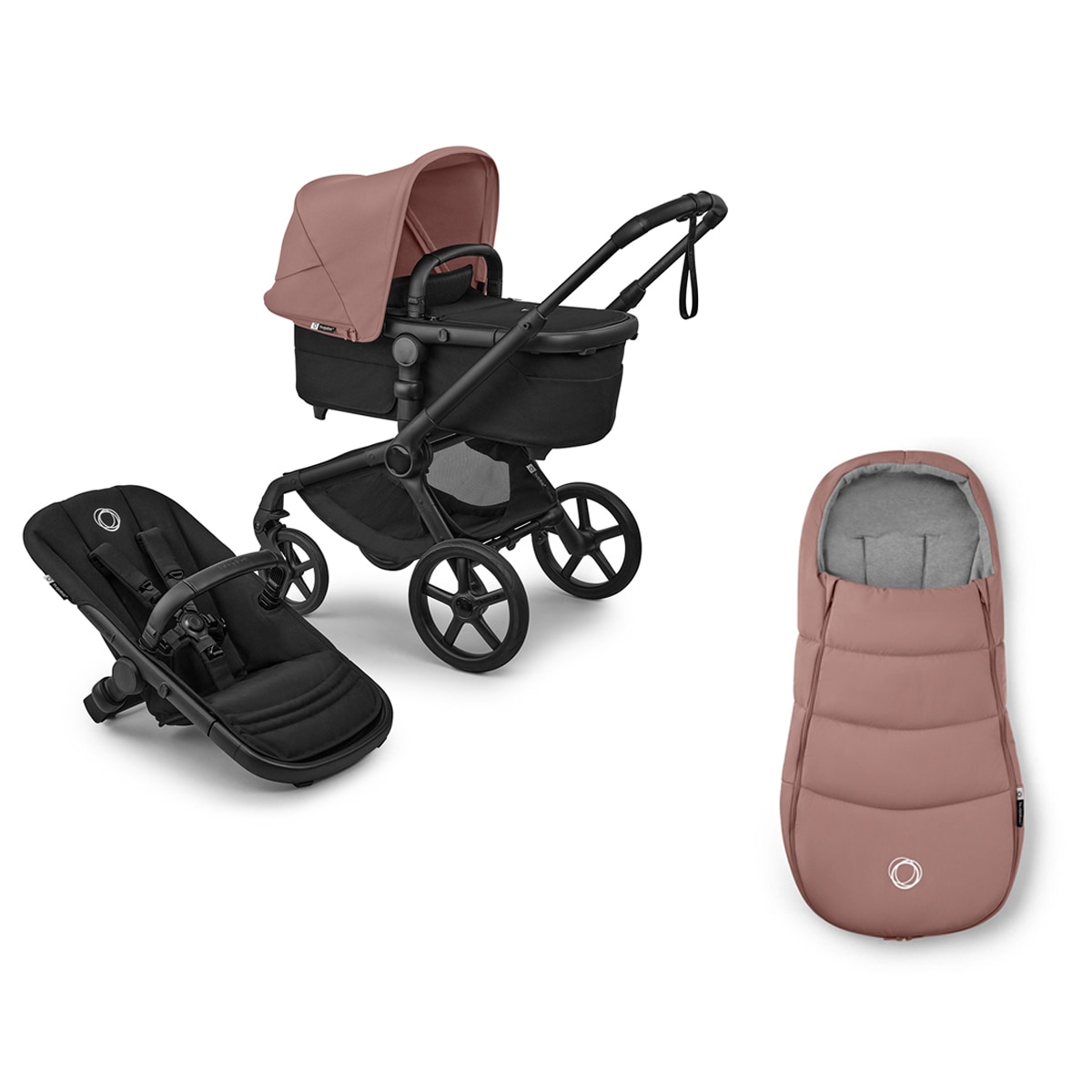 Carrinho de Passeio Bugaboo Fox 5 Renew Preto/Preto/Dusty Pink e Saco Dusty Pink 1
