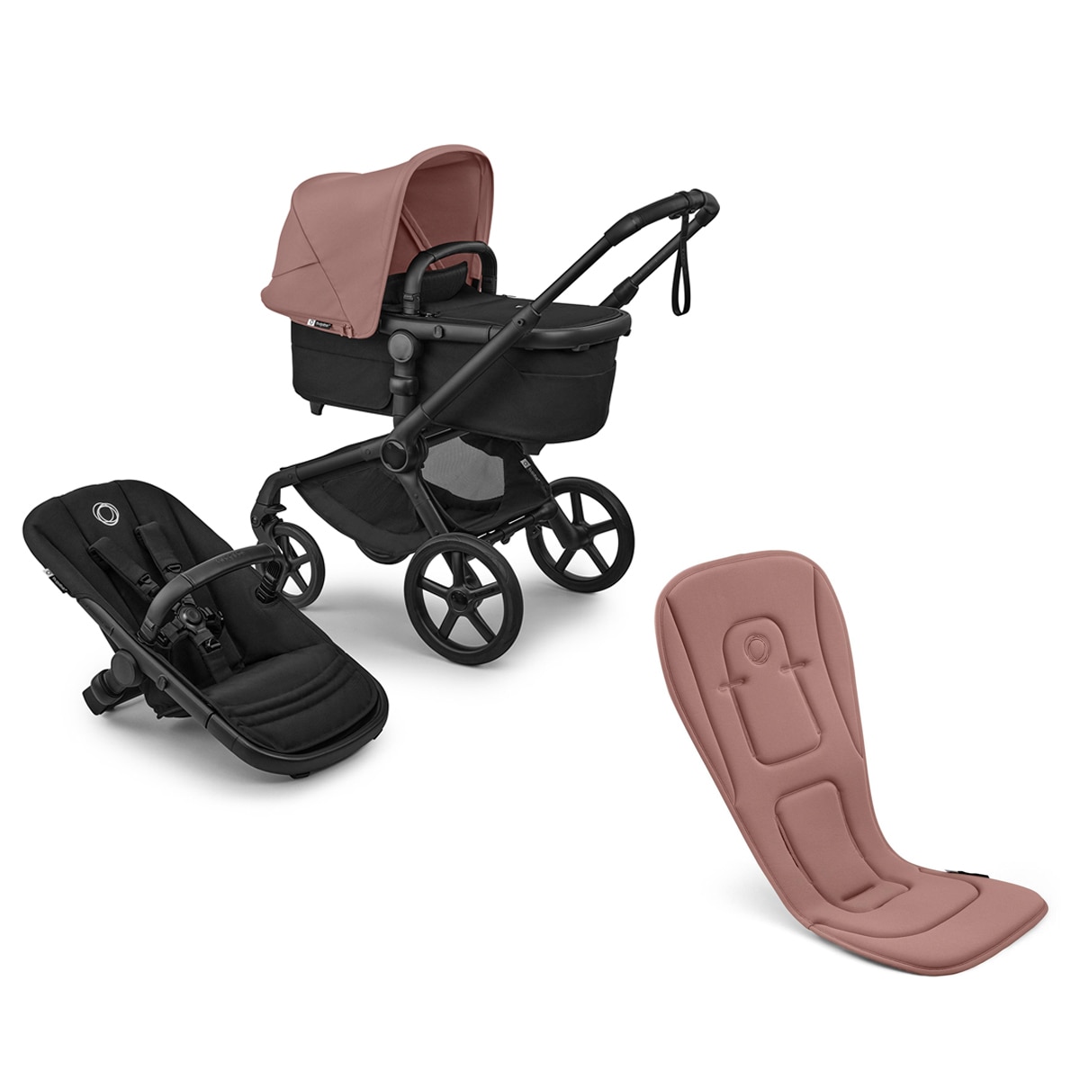 Carrinho de Passeio Bugaboo Fox 5 Renew Preto/Preto/Dusty Pink e acolchoado Dusty Pink 1