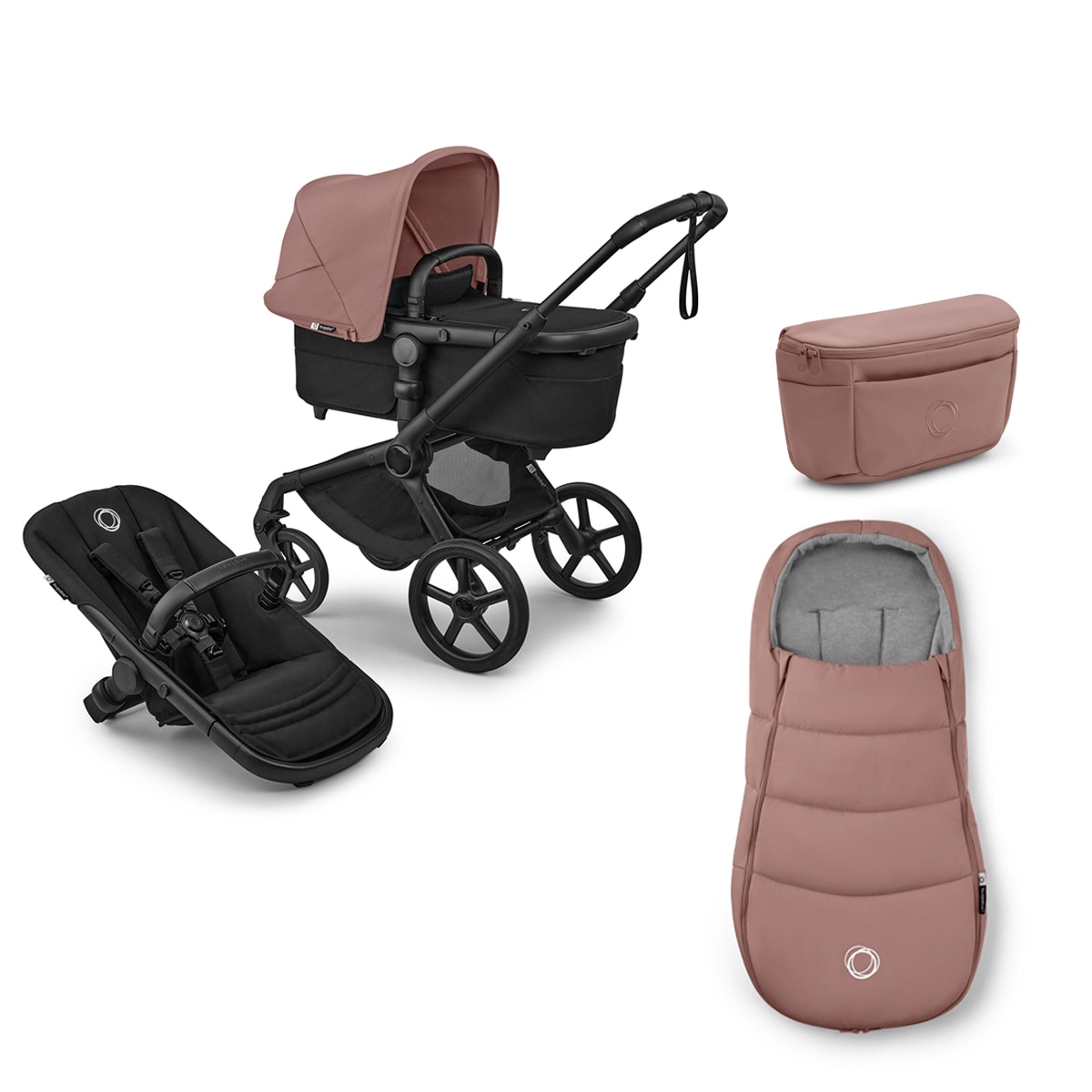 Carrinho de Passeio Bugaboo Fox 5 Renew Preto/Preto/Dusty Pink com Saco e Organizador Dusty Pink 1