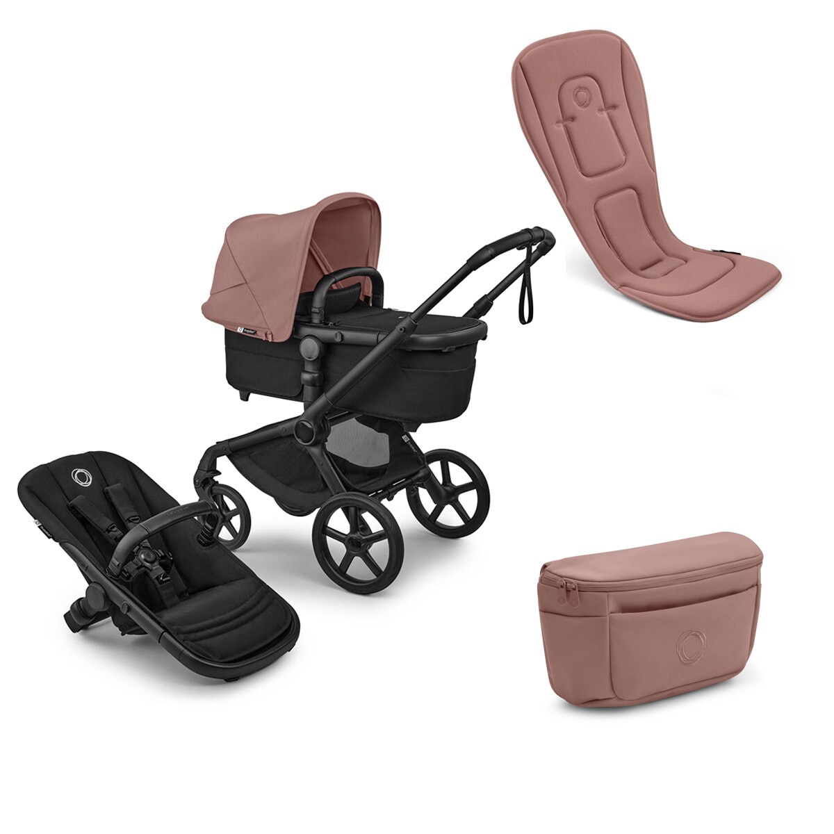 Imagem 0 de Carrinho de Passeio Bugaboo Fox 5 Renew Preto/Preto/Dusty Pink com Acolchoado e Organizador Dusty Pink
