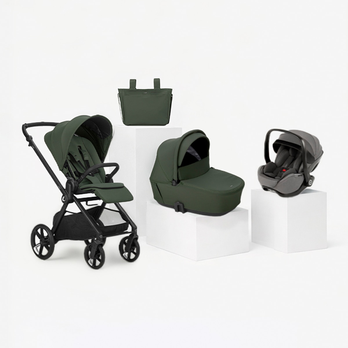 Imagem 0 de Carrinho de Passeio Trio Jané Muum 5 verde + Alcofa Sleep + Cadeira Auto Kombibaby cinzento
