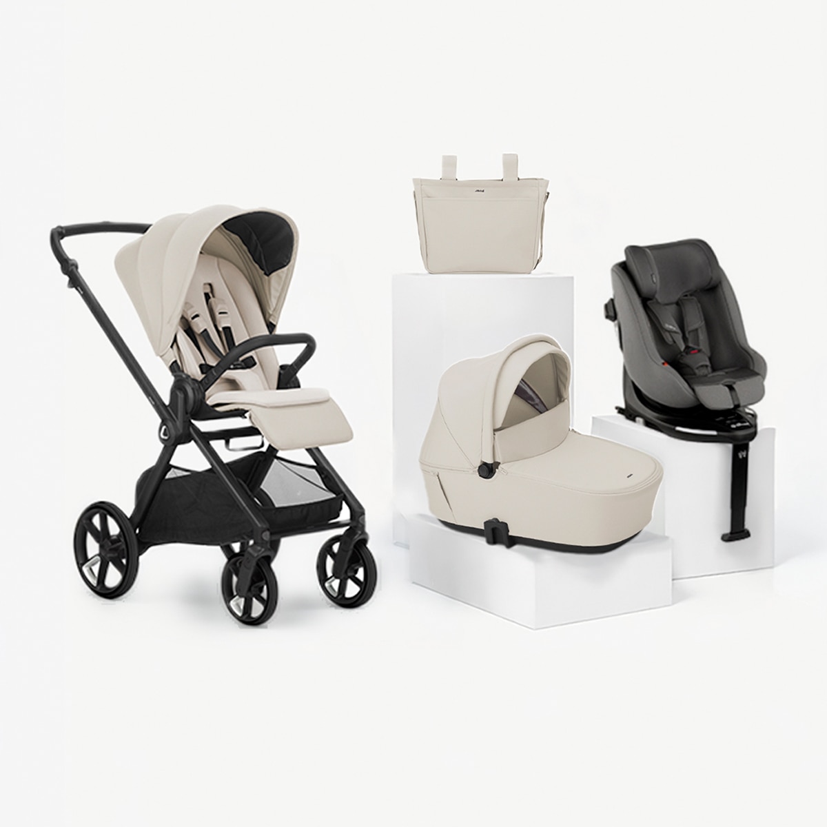 Imagem 0 de Carrinho de Passeio Trio Jané Muum 5 bege + Alcofa Sleep + Cadeira Auto Kombifix cinzento