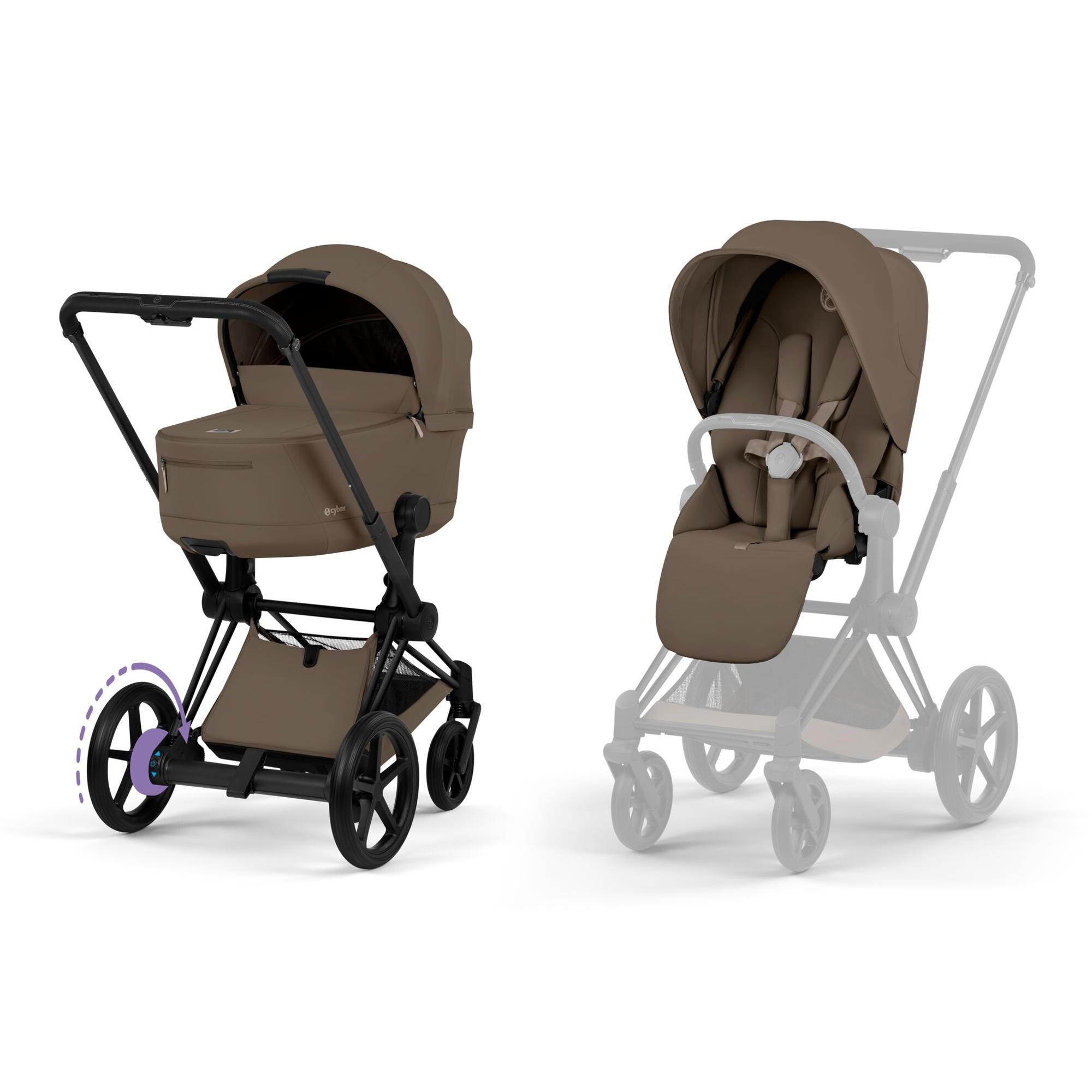 Imagen 1 de Carro de bebé dúo CYBEX e-PRIAM Comfort con Chasis e-PRIAM, Textiles PRIAM y Capazo plegable PRIAM Fold Lux Comfort - Marrón Marrón