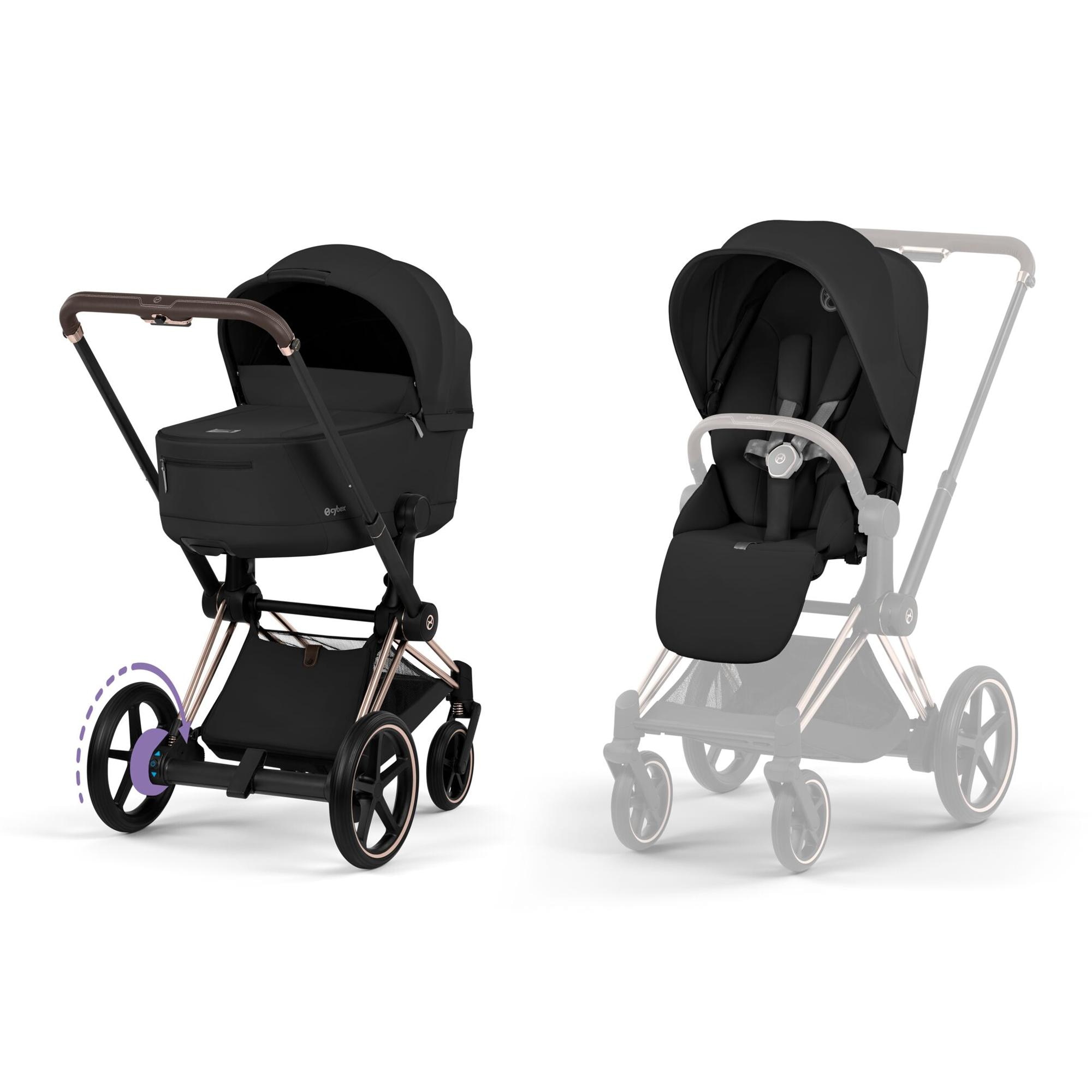Imagen 1 de Carro de bebé dúo CYBEX e-PRIAM Comfort con Chasis e-PRIAM, Textiles PRIAM y Capazo plegable PRIAM Fold Lux Comfort - Negro Negro