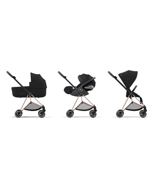 Carro de bebé trío Cybex MIOS con Chasis Rosegold, Seat Pack, Capazo Lux y portabebés Cloud T i-Size Plus en Sepia Black 1