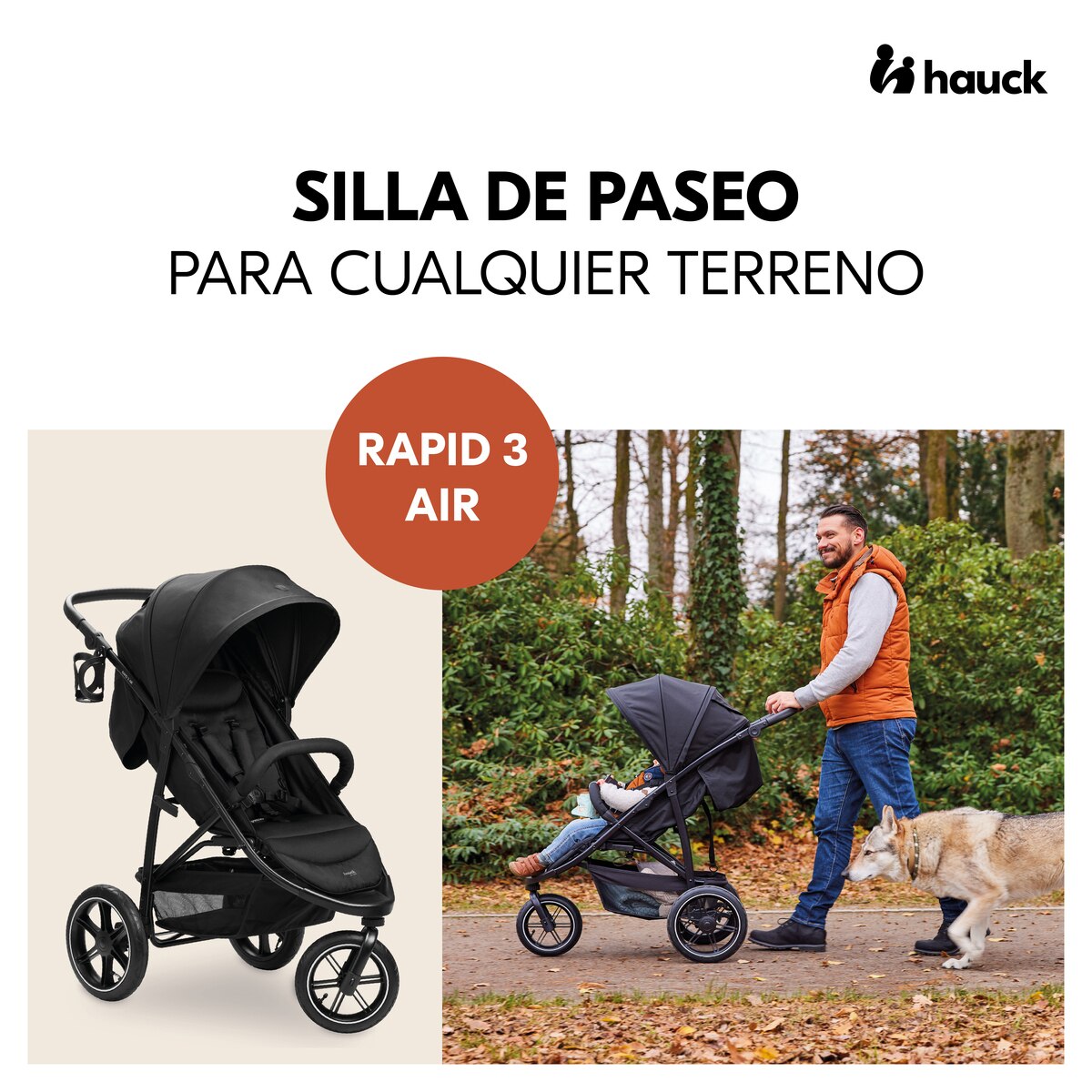 Silla de Paseo Todoterreno 3 Ruedas de Aire Hauck Rapid 3 Air - Negro Negro-2