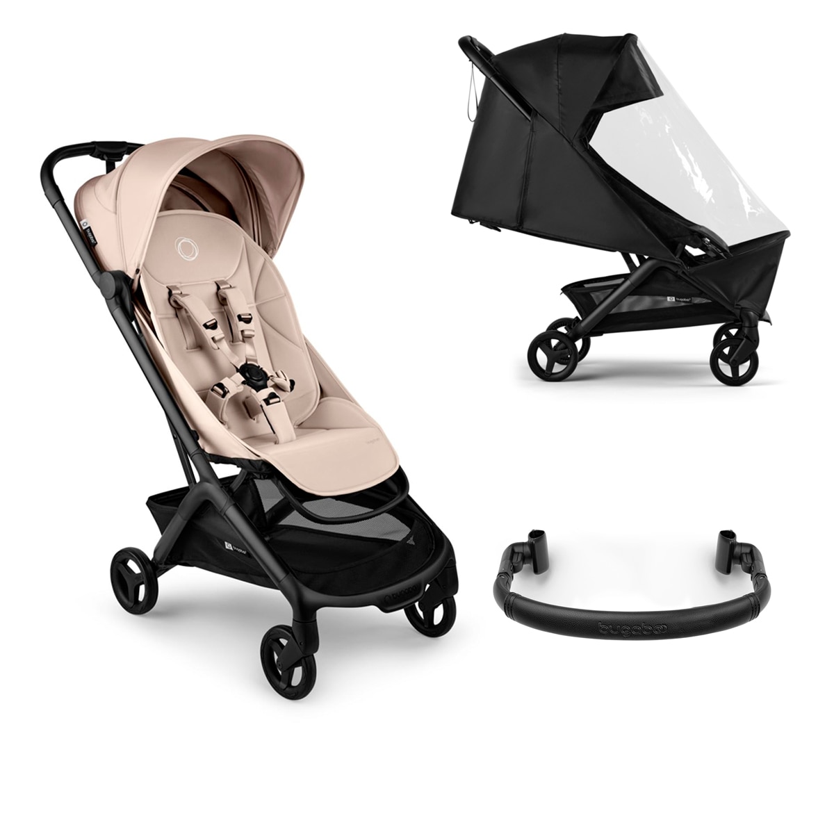 Imagem 0 de Carrinho  de passeio bege, barra de segurança e capa da chuva Bugaboo Butterfly 2