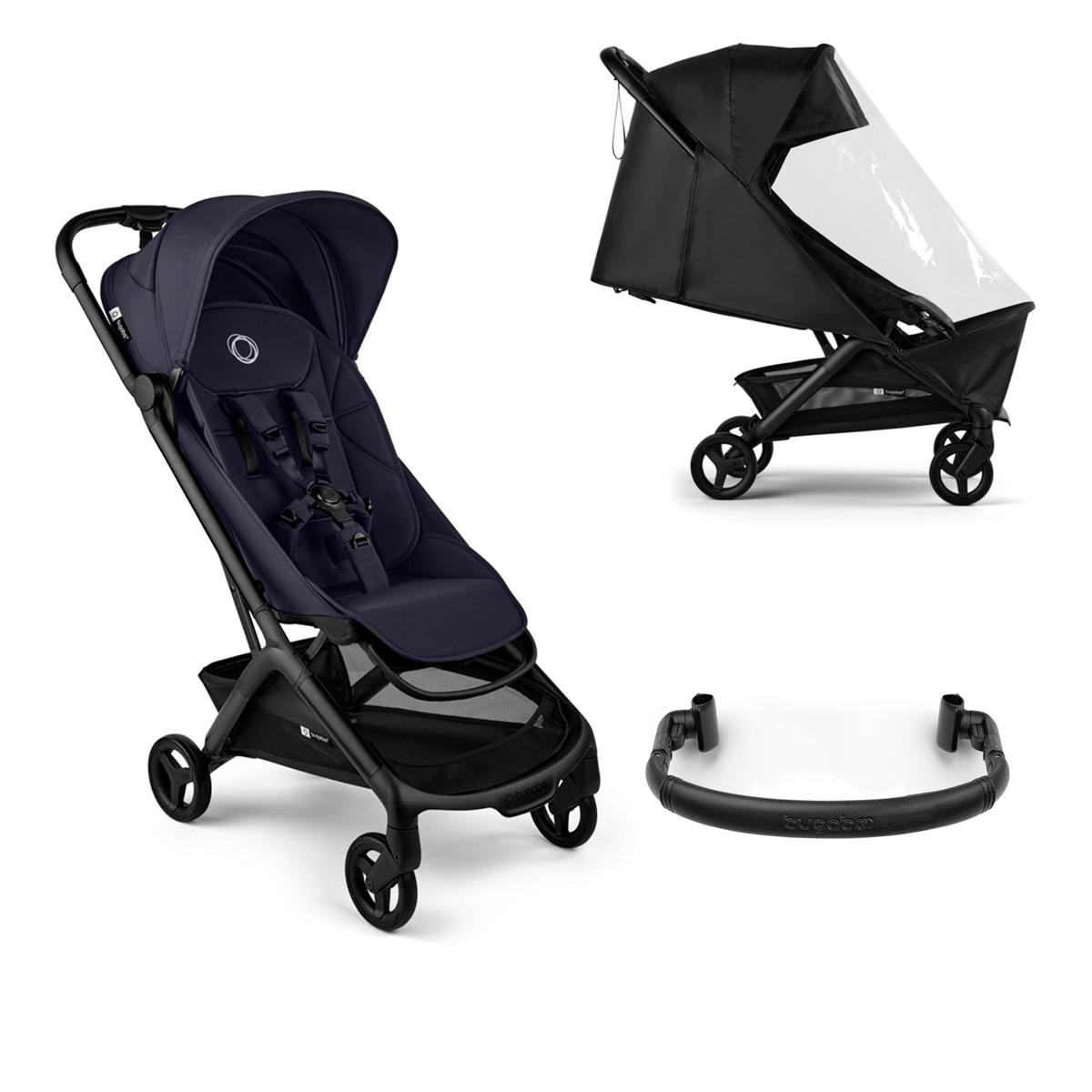 Imagem 0 de Carrinho de passeio azul índigo, barra de segurança e capa da chuba Bugaboo Butterfly 2