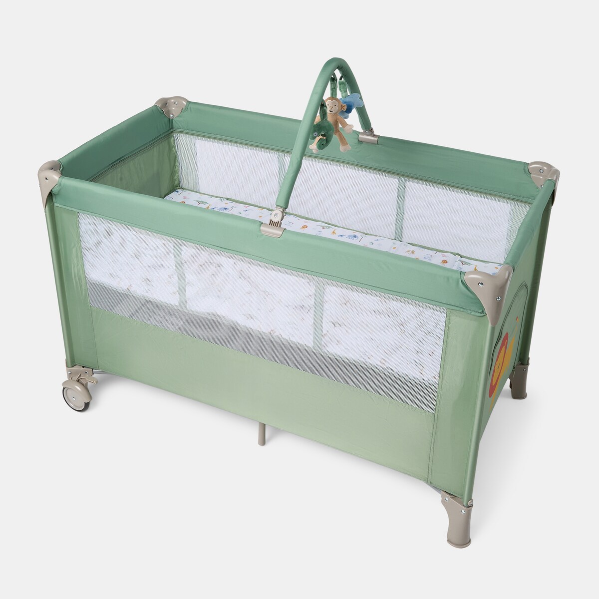 Berço de Viagem de Nível Duplo com Arco de Brincadeira Jungle Verde-2