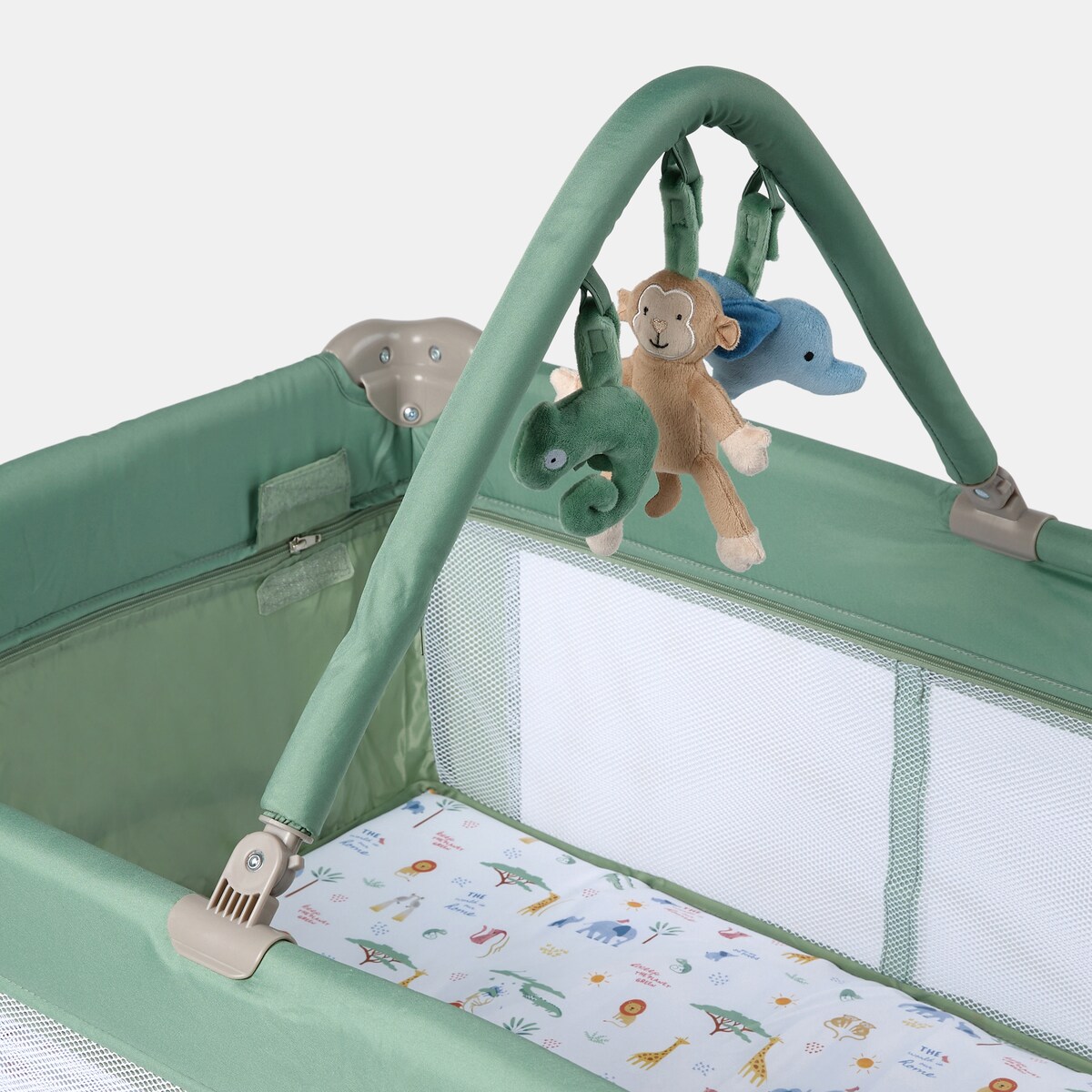 Berço de Viagem de Nível Duplo com Arco de Brincadeira Jungle Verde-4