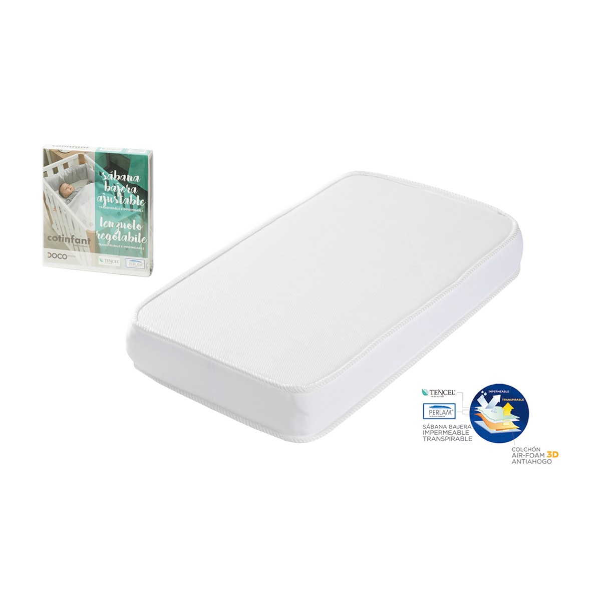 Lençol de Baixo Ajustável para Mini-berço Doco Sleeping (50 x 90 cm) Cotinfant com Protector branco Branco-1