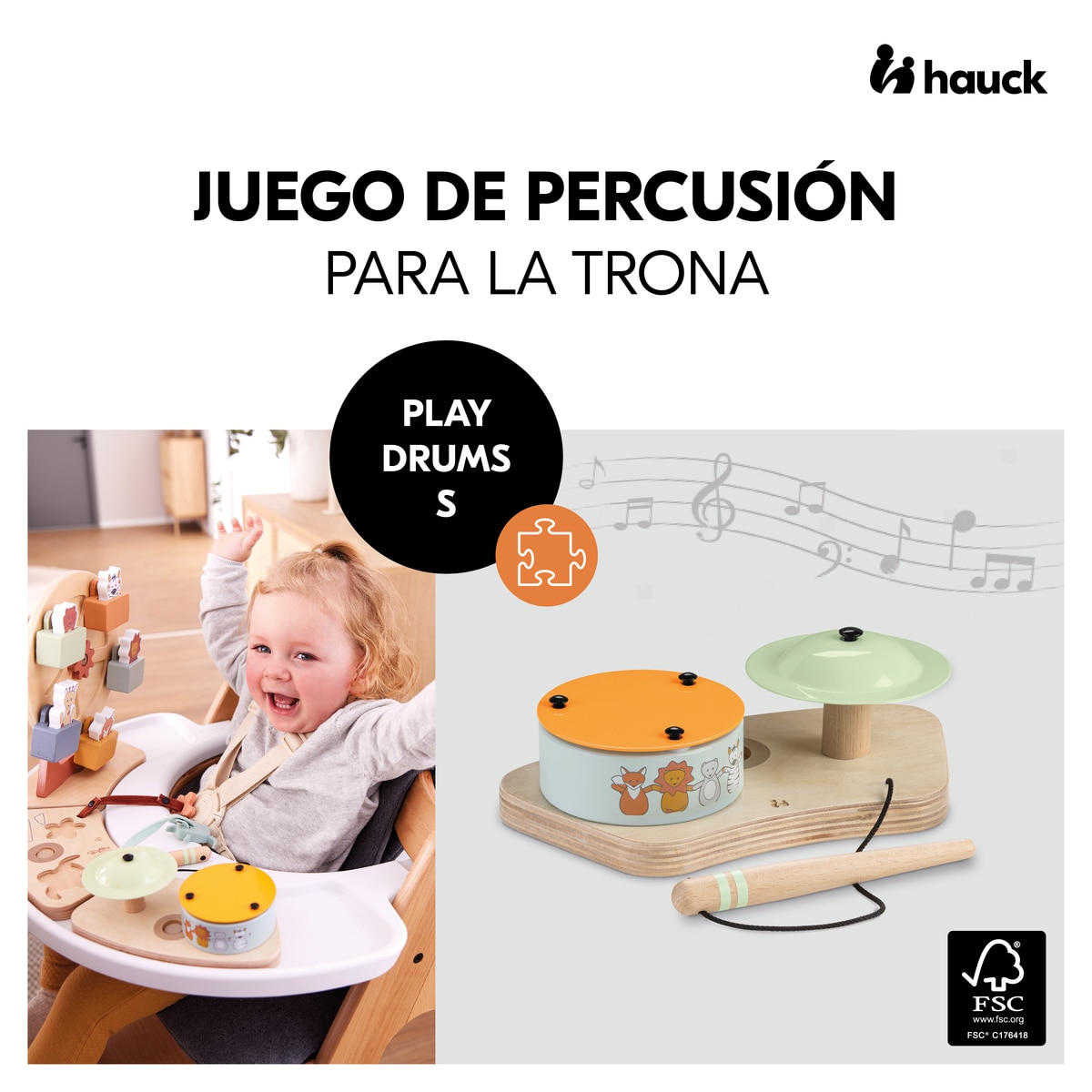 Brinquedo de Madeira para Cadeira de Refeição Evolutiva Play Drums S Animals Natural-2