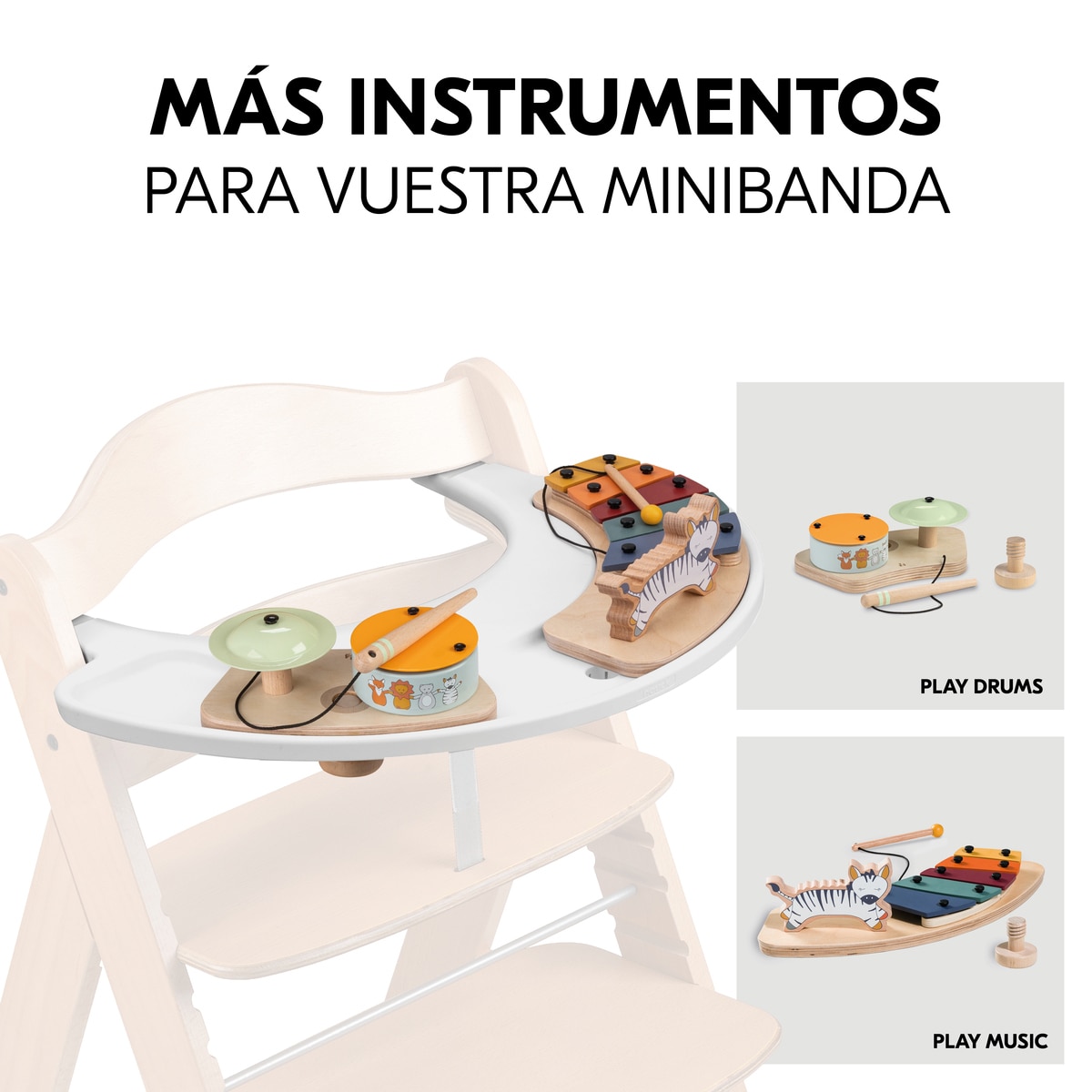 Brinquedo de Madeira para Cadeira de Refeição Evolutiva Play Drums S Animals Natural-5