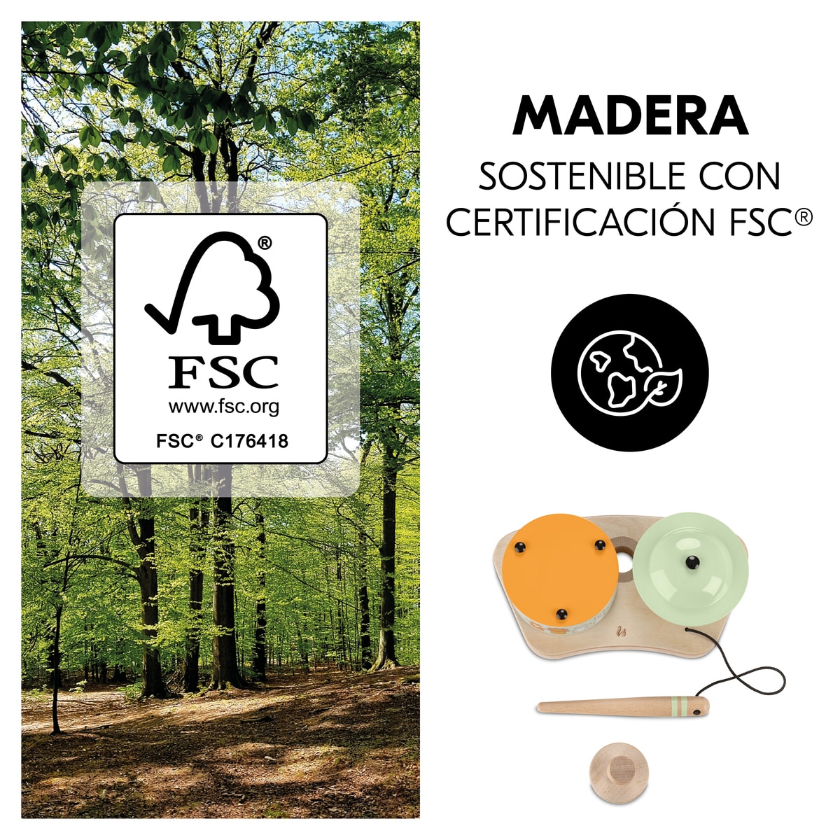 Brinquedo de Madeira para Cadeira de Refeição Evolutiva Play Drums S Animals Natural-9