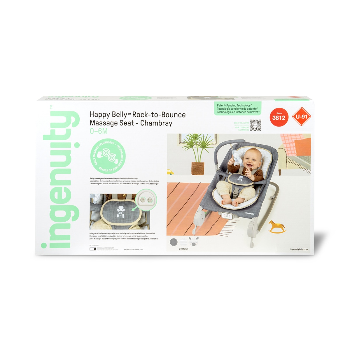 Rede e Cadeira de Baloiço + Ingenuity + Happy Belly Rock-to-Bounce Massage Seat - Chambray Azul-14