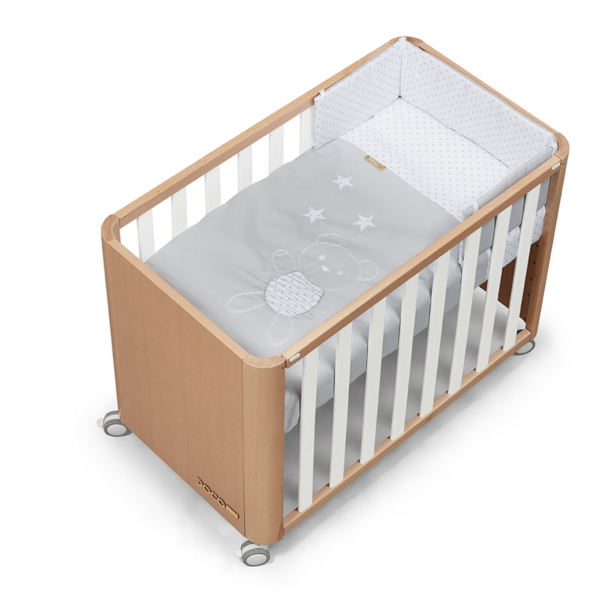 Cotinfant - Minicuna de colecho ( 90X50cm ) Cotinfant Doco Sleeping Wood natural-blanco con textil Bear gris.