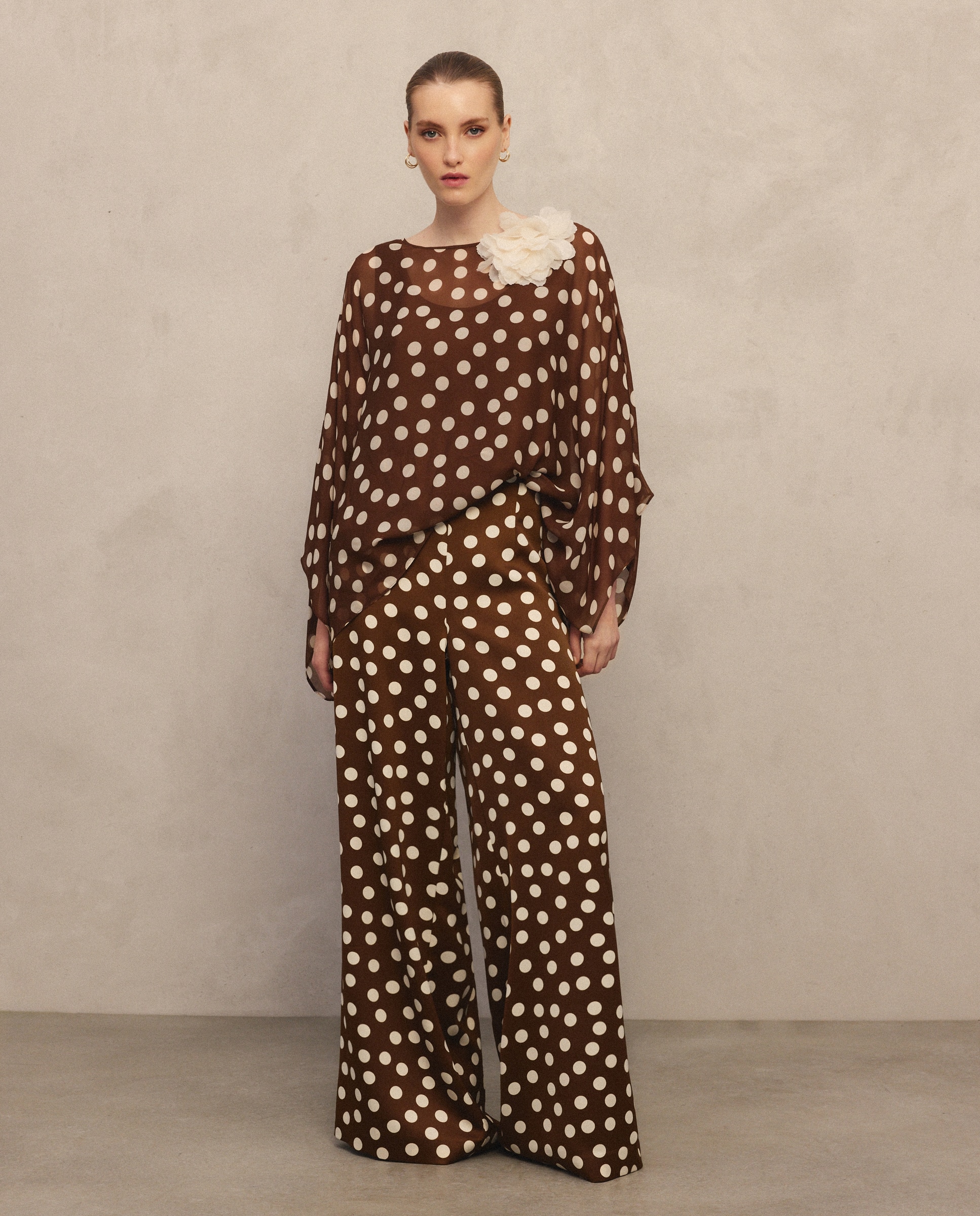 Top Kaftan com Estampado às Bolinhas Castanho-2