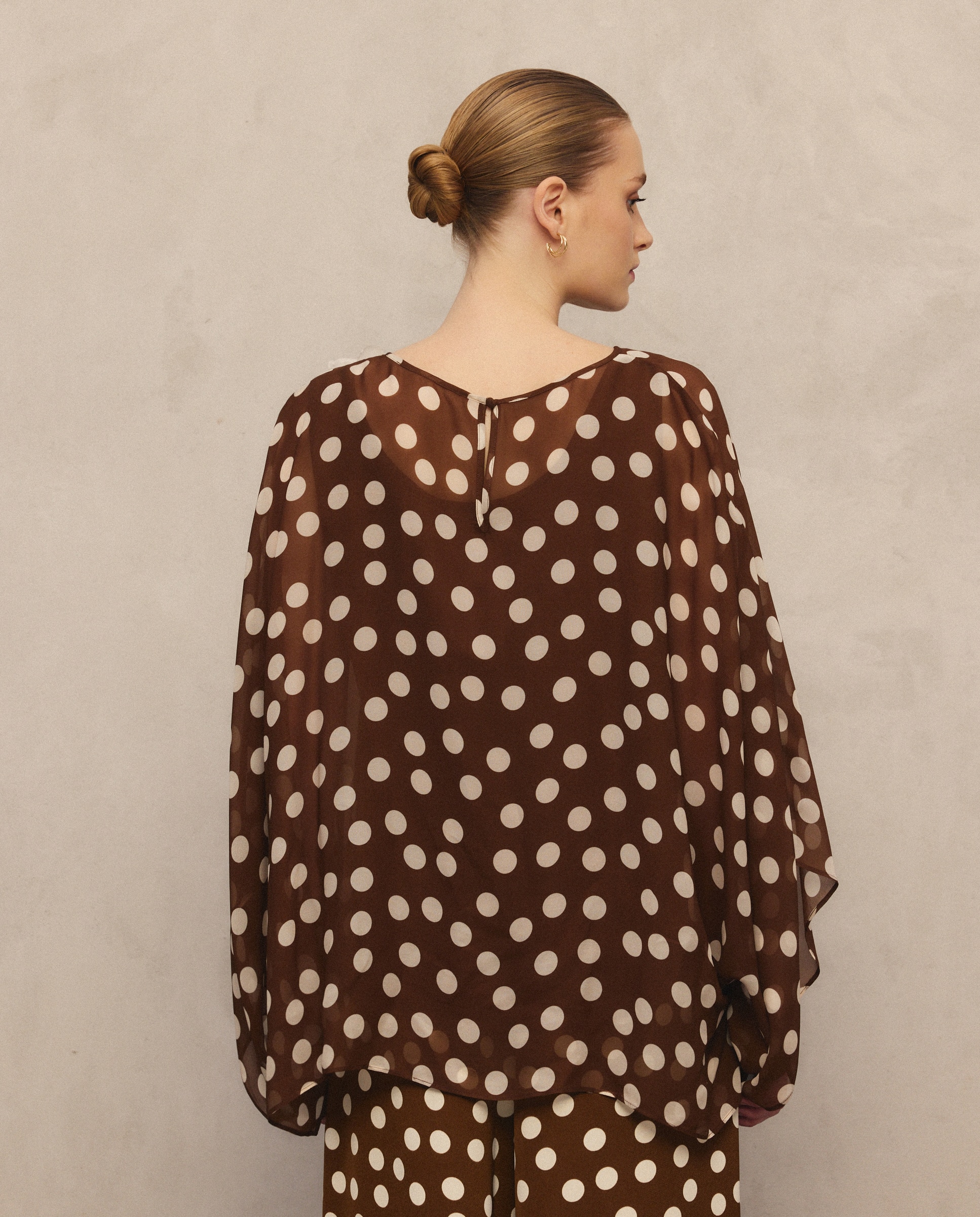 Top Kaftan com Estampado às Bolinhas Castanho-3