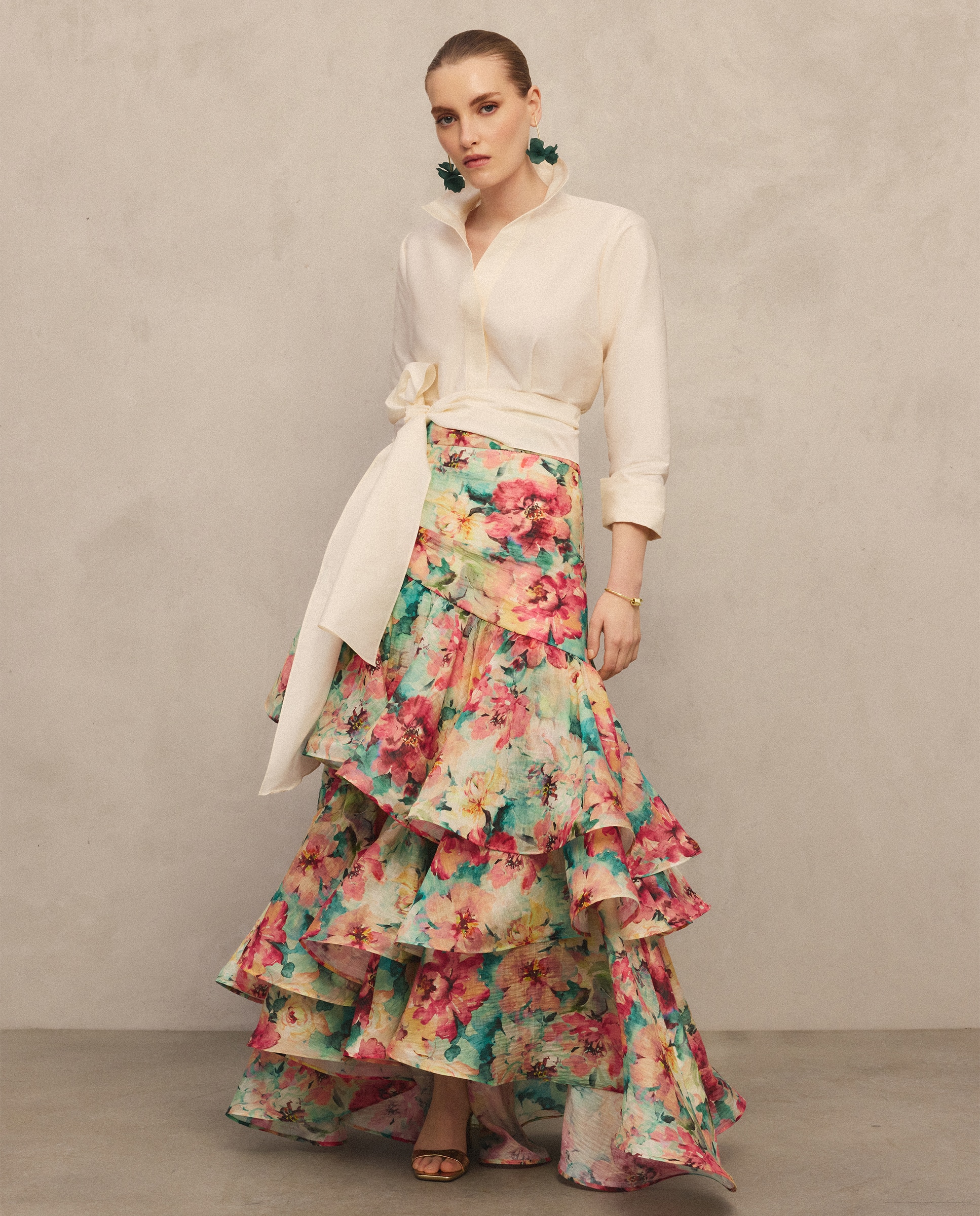 Imagem 0 de Saia Midi com Folhos e Estampado