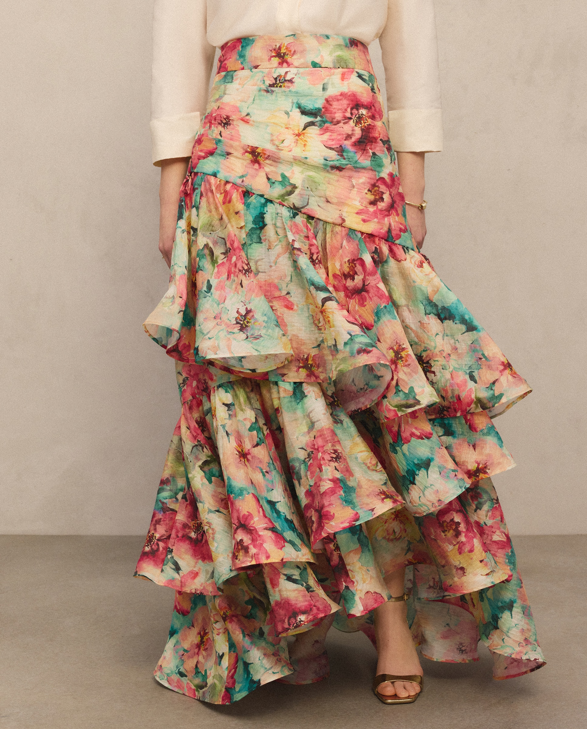 Saia Midi com Folhos e Estampado Verde-2