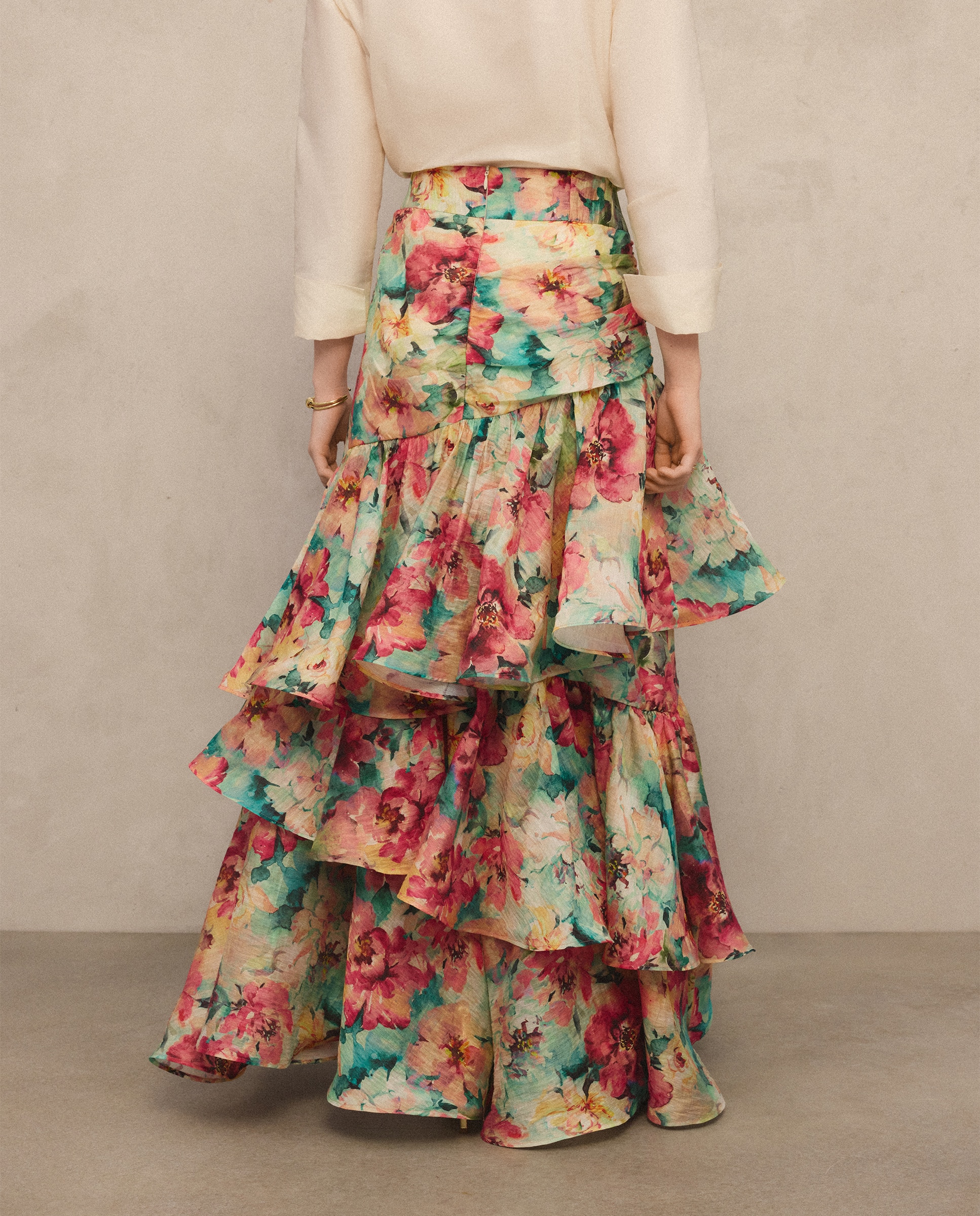Saia Midi com Folhos e Estampado Verde-3