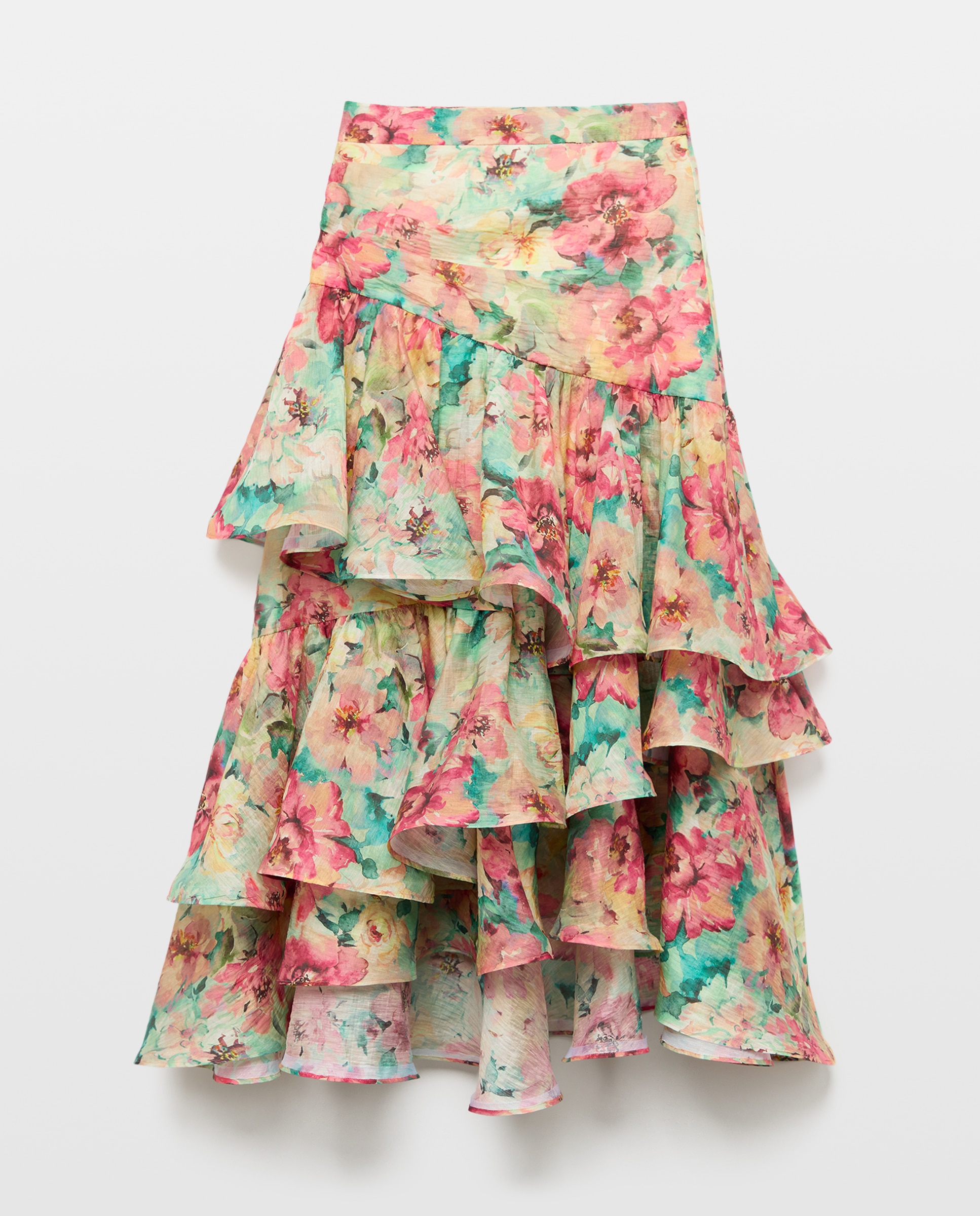 Saia Midi com Folhos e Estampado Verde-4