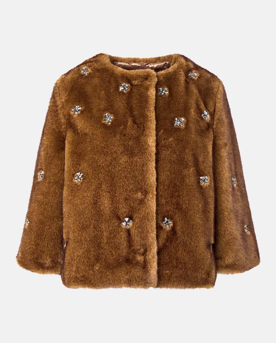 Casaco de Pelo com Pedraria Vison Claro-5