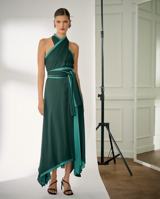 Vestido de mujer corto fluido halter contrastes