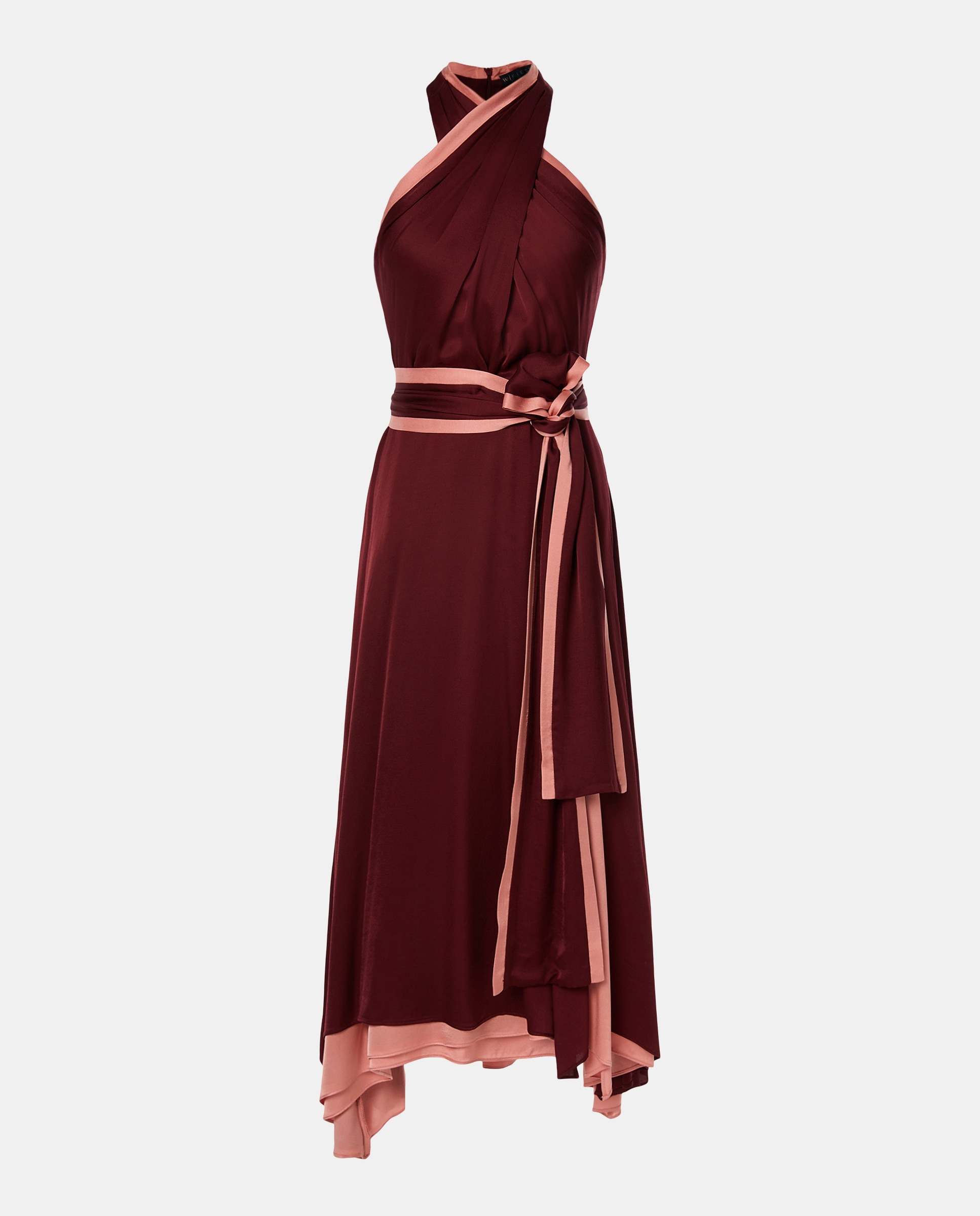 Vestido Curto Fluido com Gola Halter e Contrastes Bordeaux-4