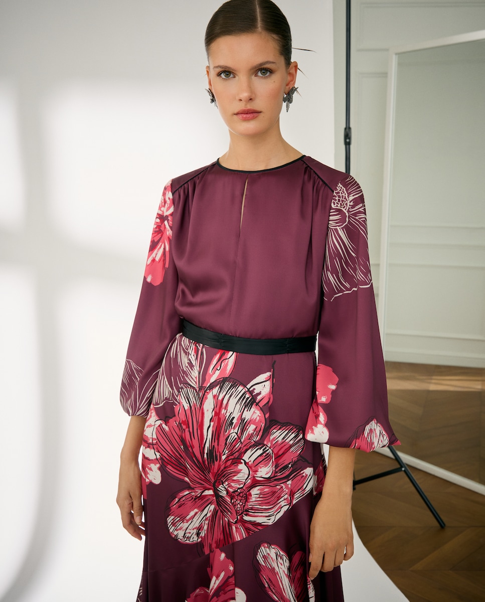 Vestido Camiseiro com Saia com Estampado Floral Vermelho-2