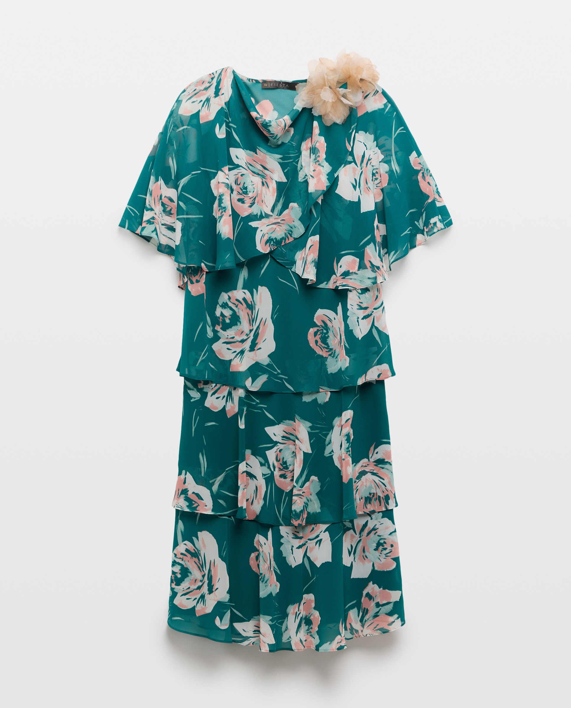 Vestido Curto Multicamadas sem Mangas e com Capelina Estampada Verde-5