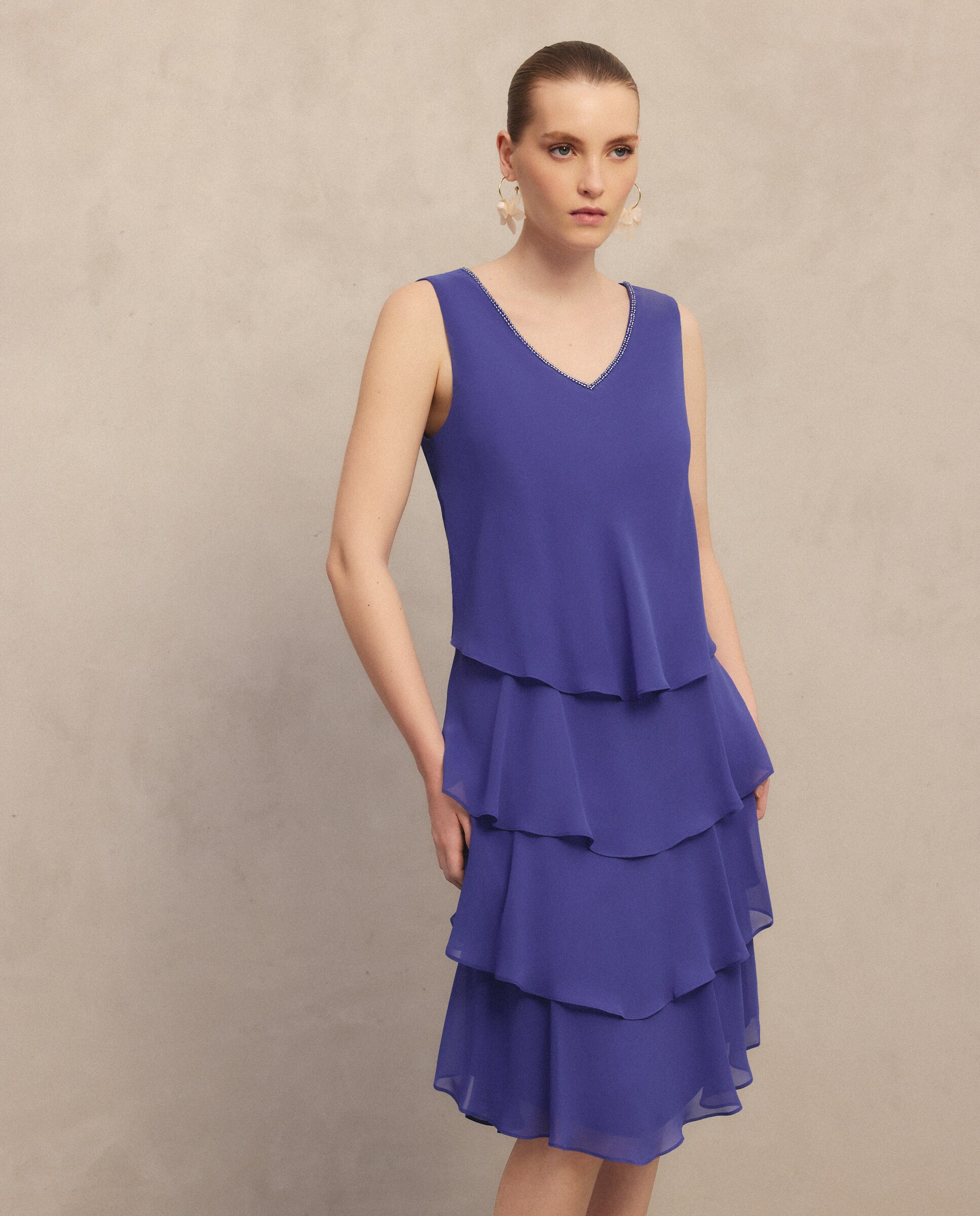 Vestido Curto Multicamadas sem Mangas e Sobretudo Tipo Camiseiro 400 Azul-4
