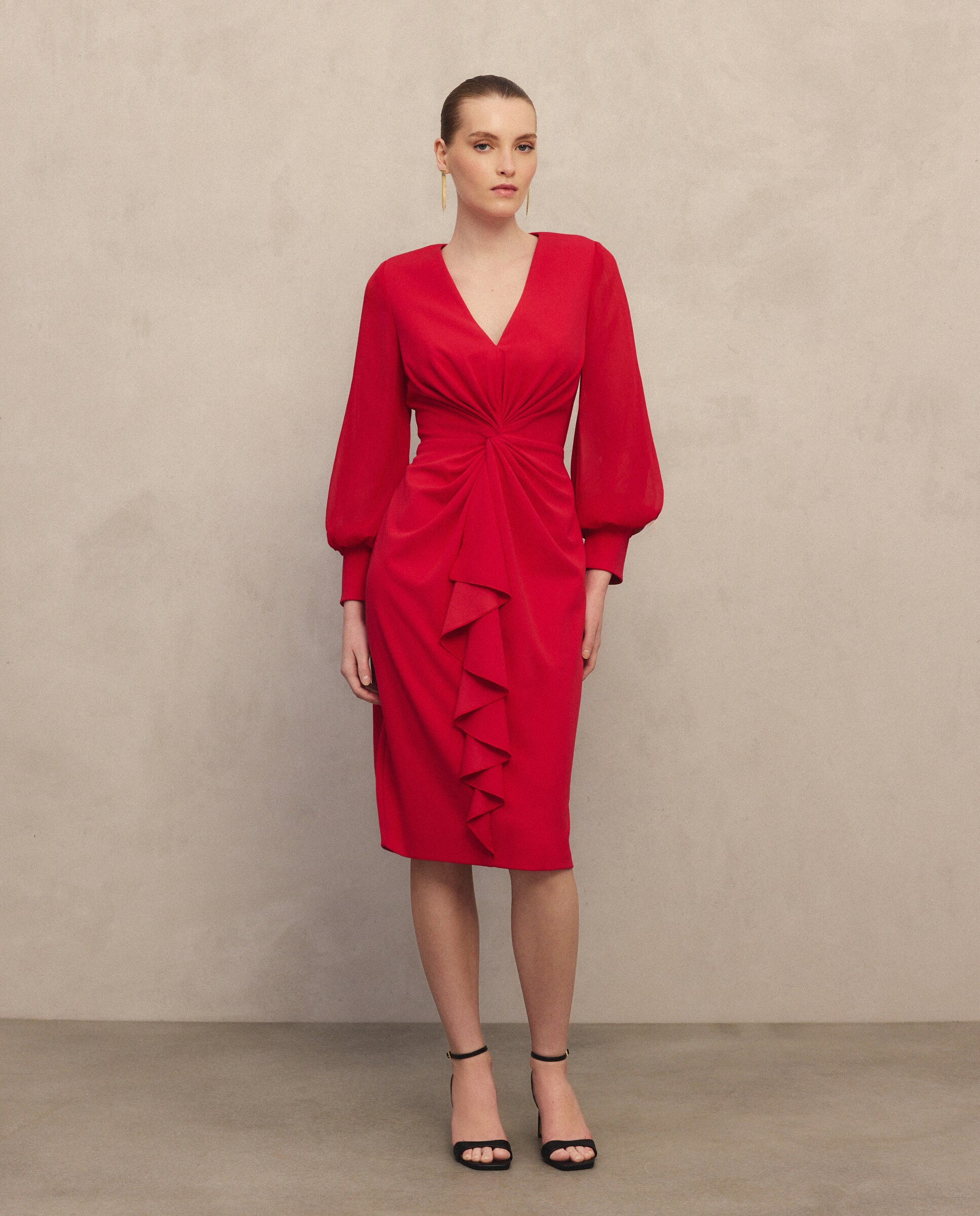 Vestido Curto Elástico com Manga Comprida em Chiffon e Nó na Cintura 600 Vermelho-2