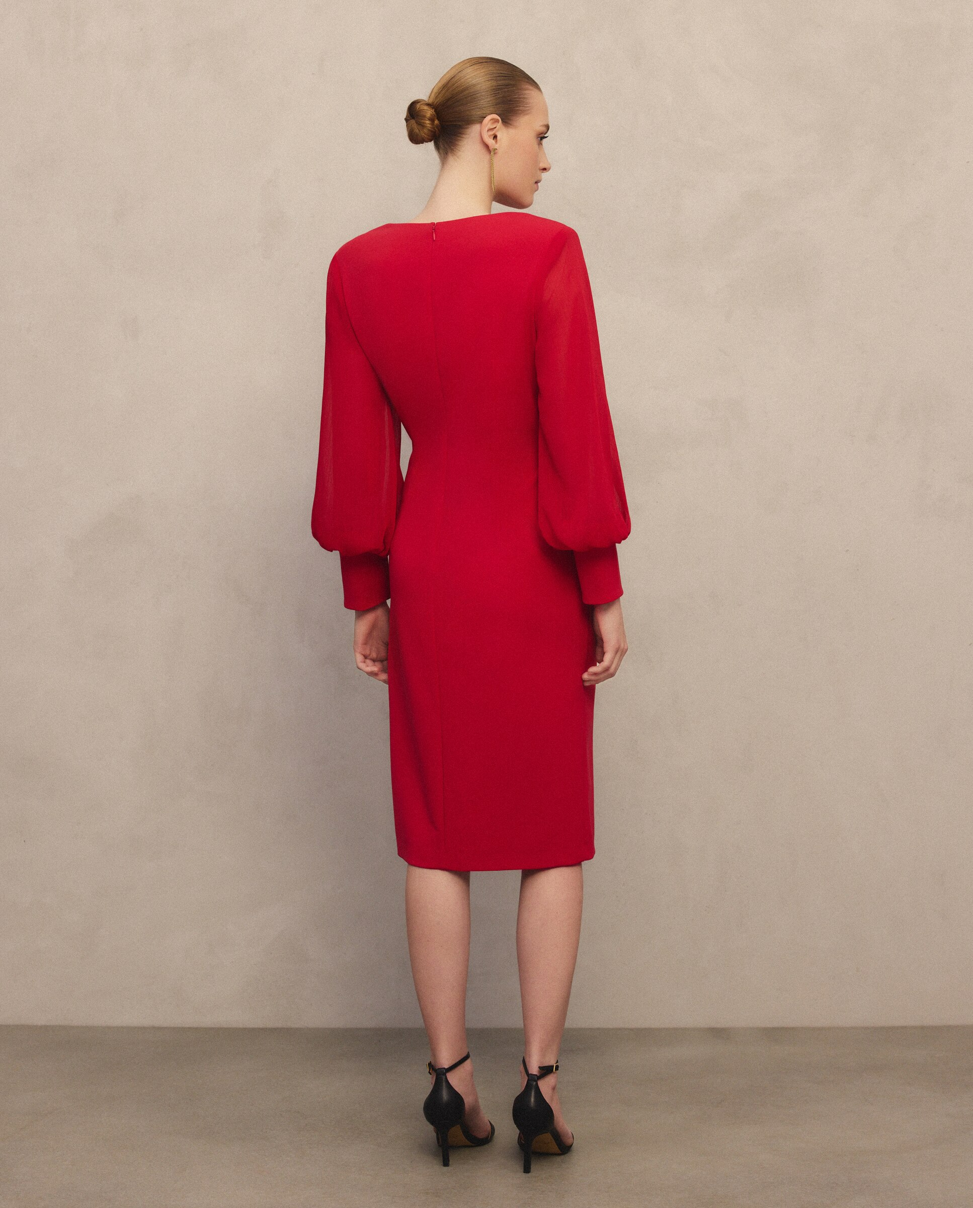 Vestido Curto Elástico com Manga Comprida em Chiffon e Nó na Cintura 600 Vermelho-3