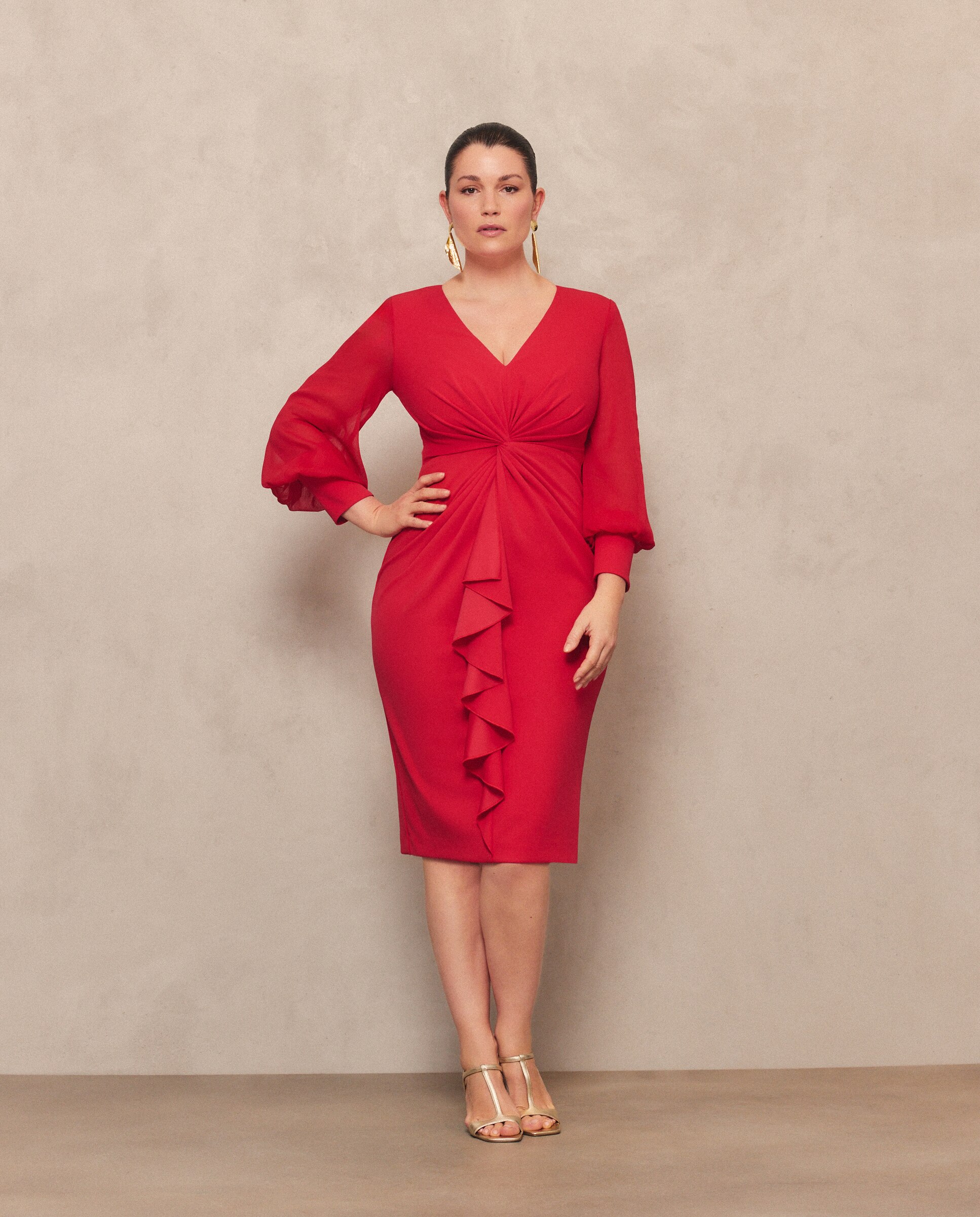 Vestido Curto Elástico com Manga Comprida em Chiffon e Nó na Cintura 600 Vermelho-4