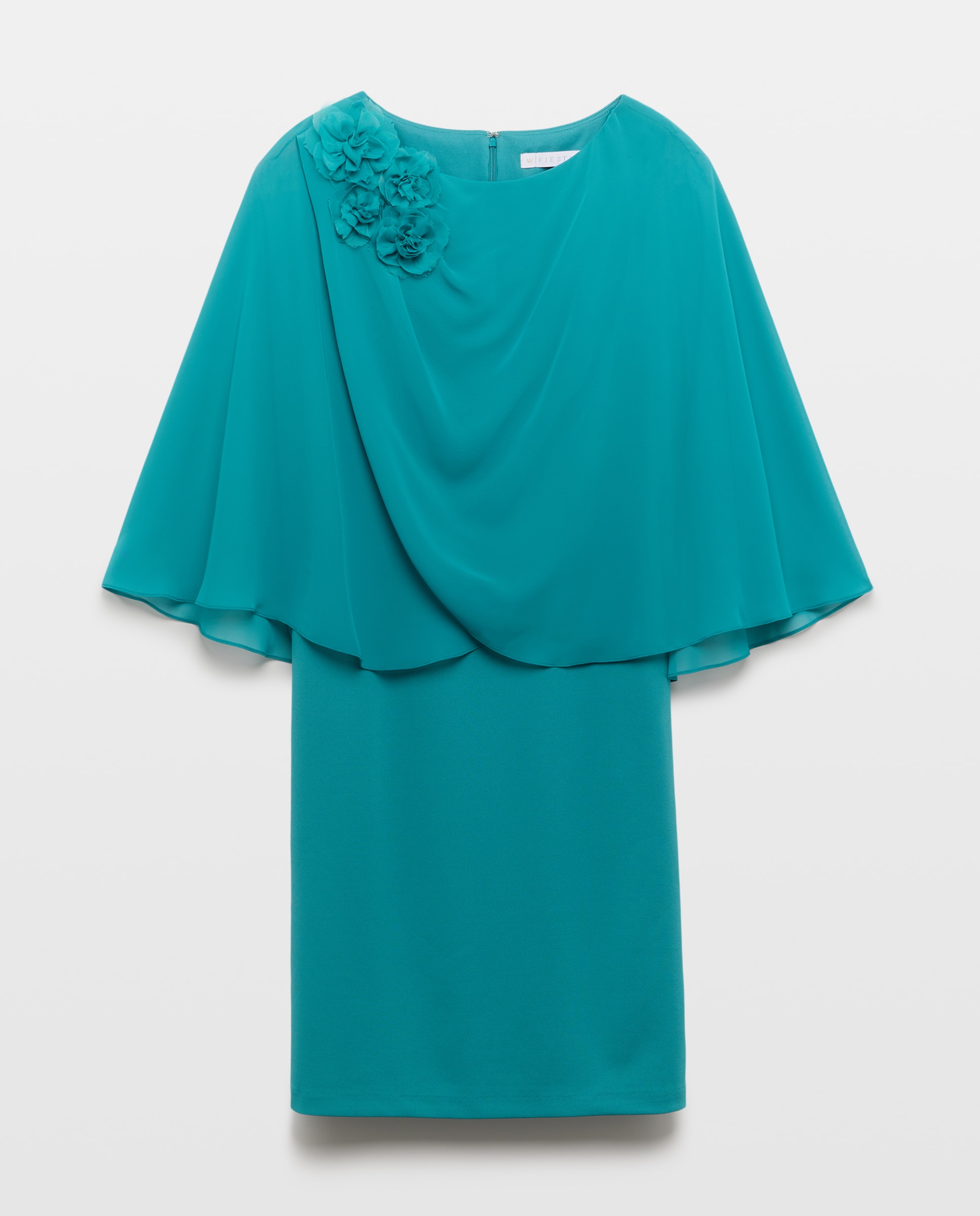 Vestido Curto Elástico de Capelina Aberta com Flor Verde-5