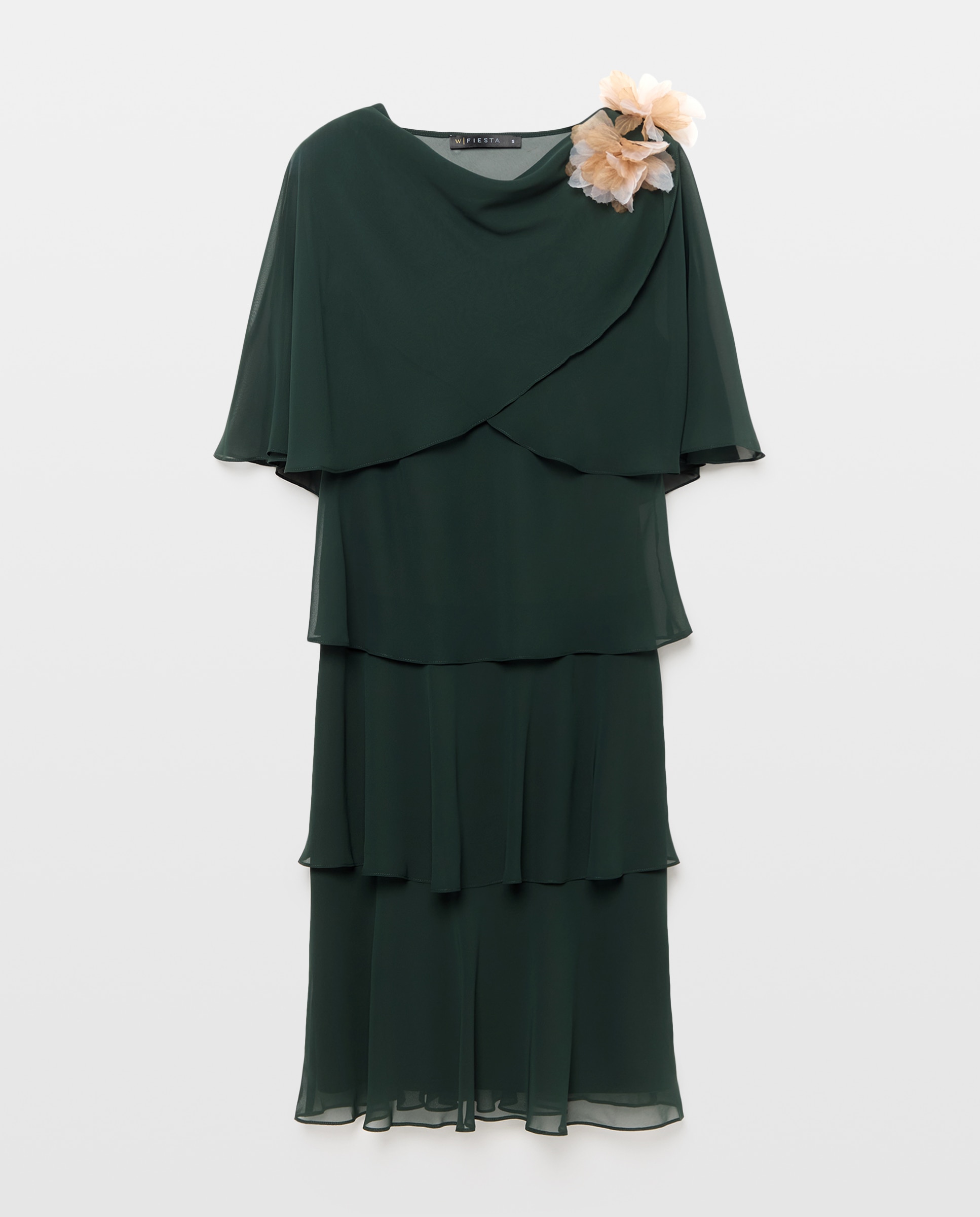 Vestido Curto Multicamadas sem Mangas e com Capelina Estampada 530 Verde Escuro-5