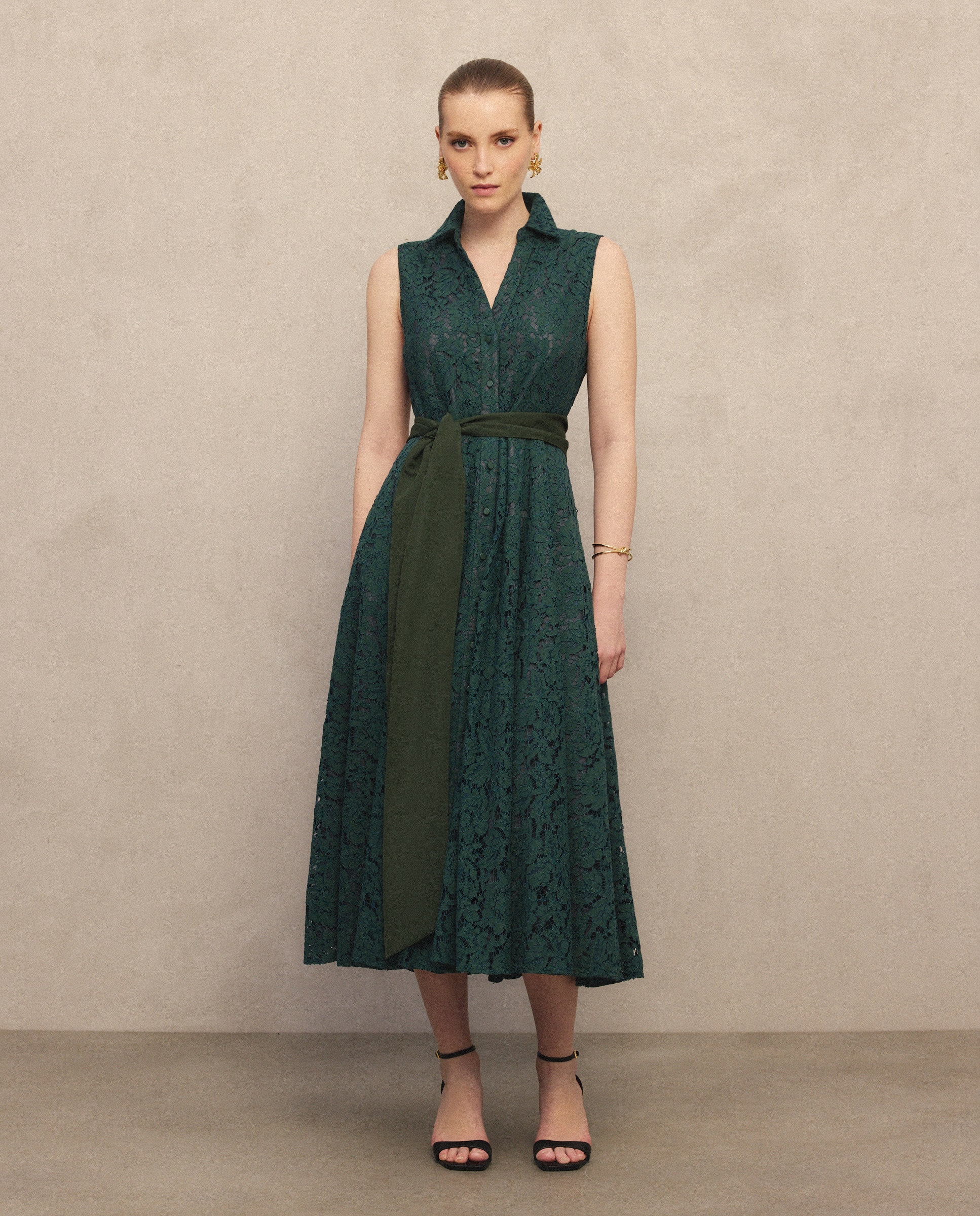 Vestido midi camisero con encaje - Woman Fiesta El Corte Inglés - 530 Verde oscuro 530 Verde oscuro-2