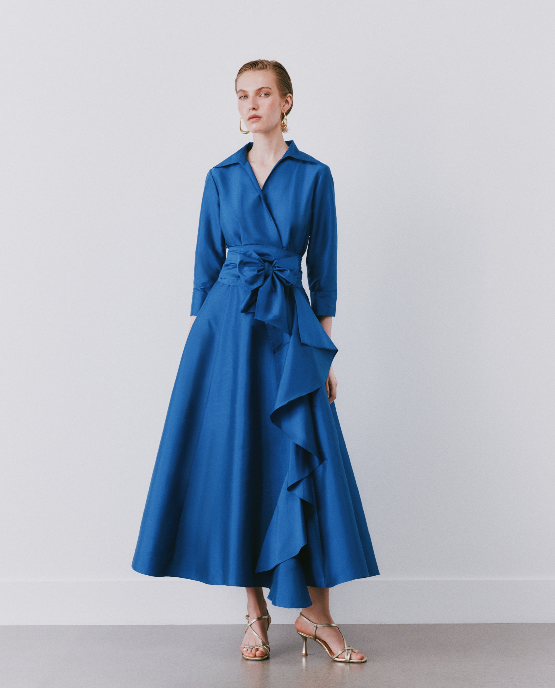 Vestido Midi Envolvente com Manga 3/4 e Folho 400 Azul-1