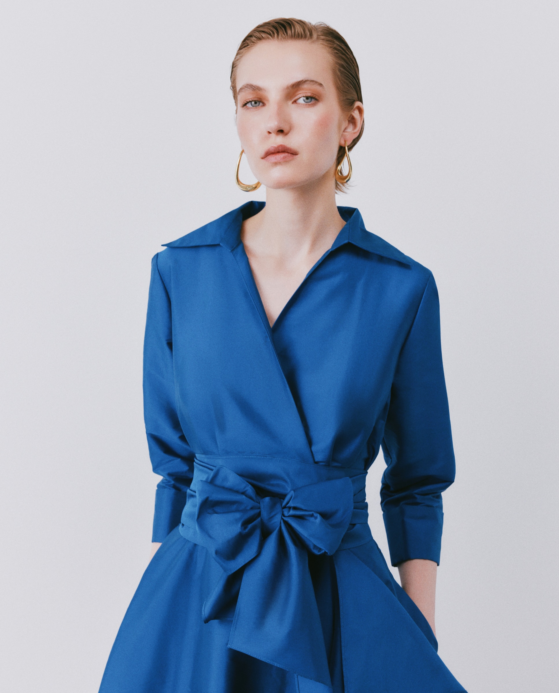 Vestido Midi Envolvente com Manga 3/4 e Folho 400 Azul-2